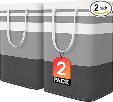 HomeHacks 2 Pack Large Laundry Baskets, Waterproof, Freestanding Laundry Hampers, Collapsible Clothes Hamper with Reinforced Handles in Laundry Room, College Dorm, Bathroom, Bedroom (Grey, 75Lx2)