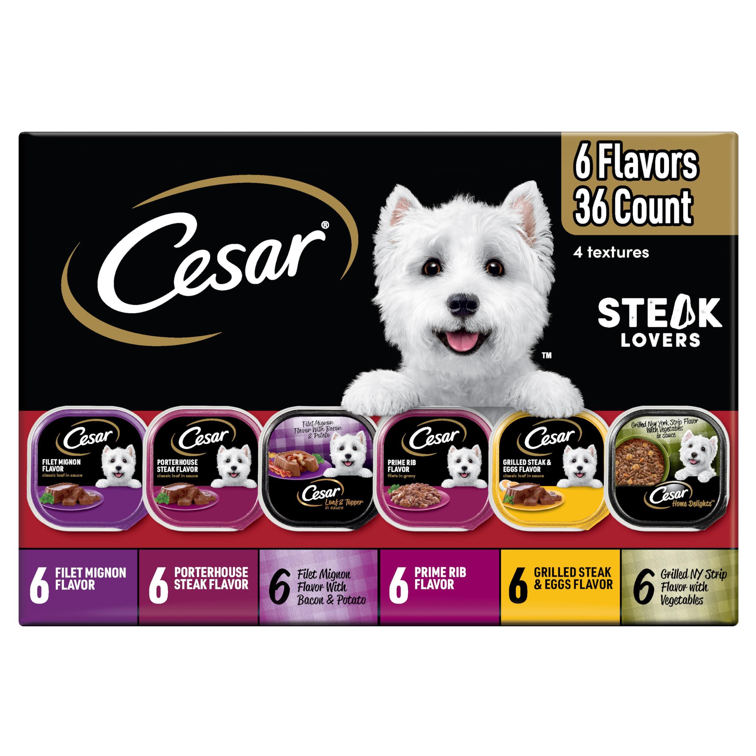 Cesar Wet Dog Food Steak Lovers Variety Pack, Adult, Wet Food for Dogs with Real Meat, 3.5 oz Easy Peel Trays, 36 Count