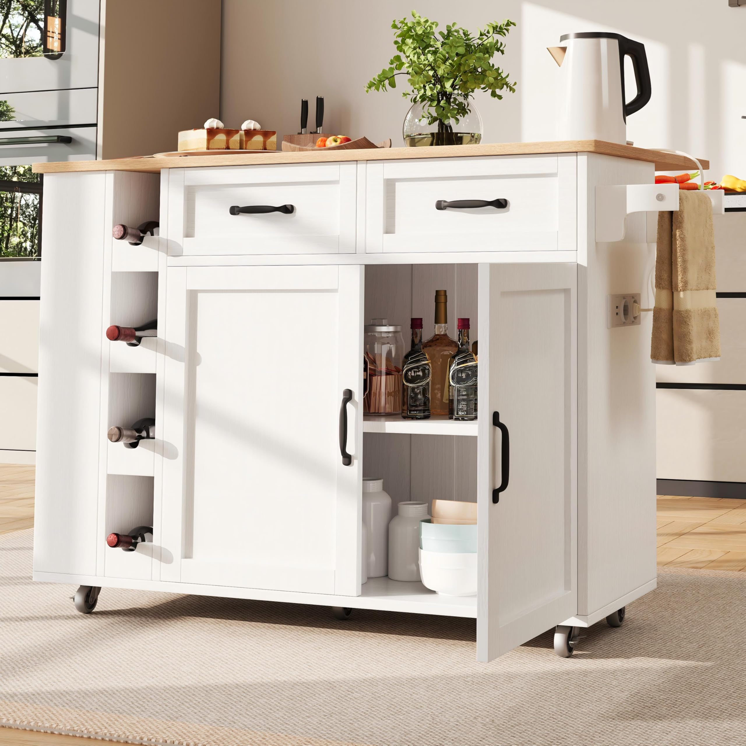 LAKFEW Isla Cocina con Ruedas y Enchufes, Aparador Cocina con Tablero Plegable y Botellero, Mueble Auxiliar de Cocina Isla de Cocina con 2 Cajones y Toallero, 131.5x43(76) x90.7 cm, Blanco+Natural
