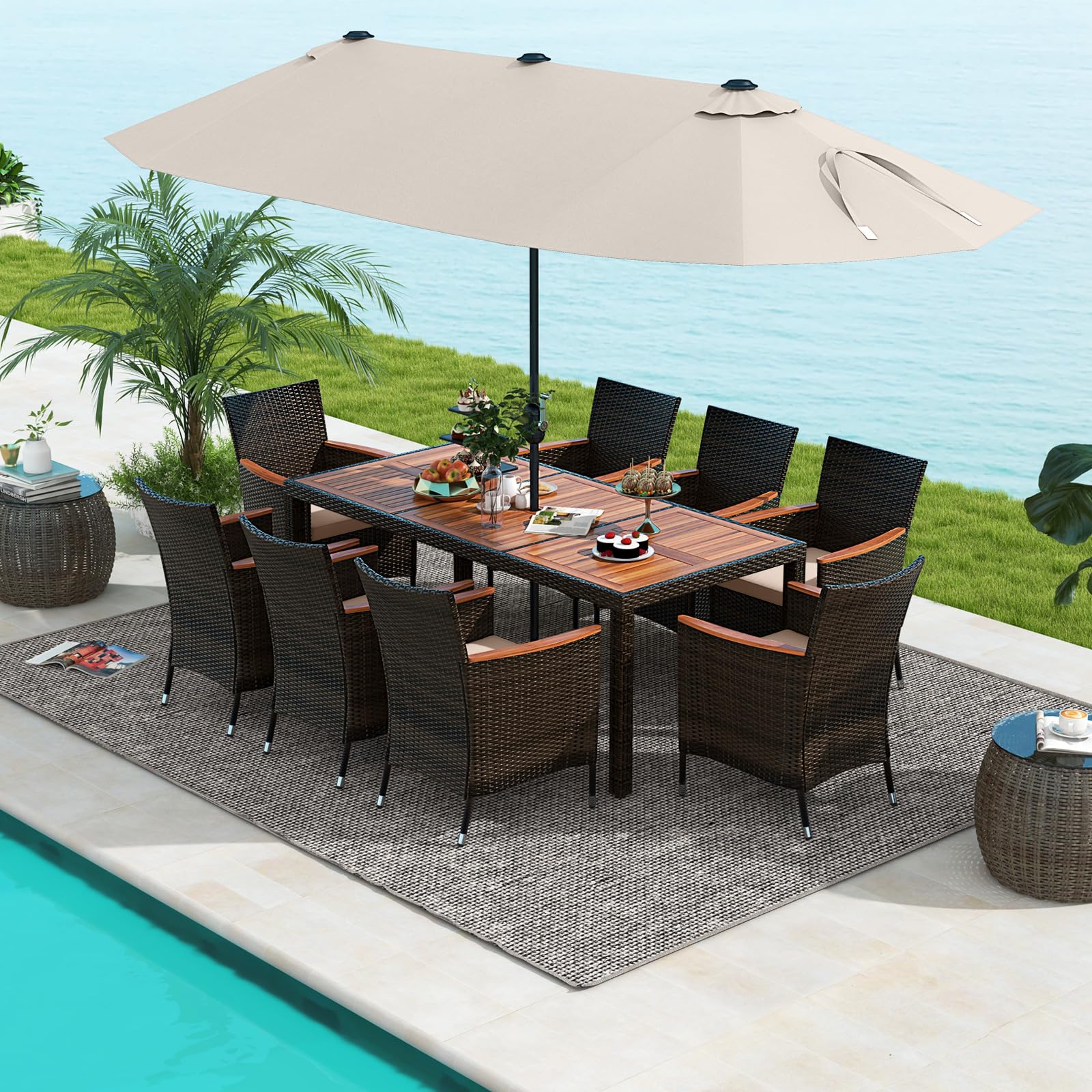 Tangkula 11 Pieces Rattan Outdoor Dining Set with Solar Patio Umbrella