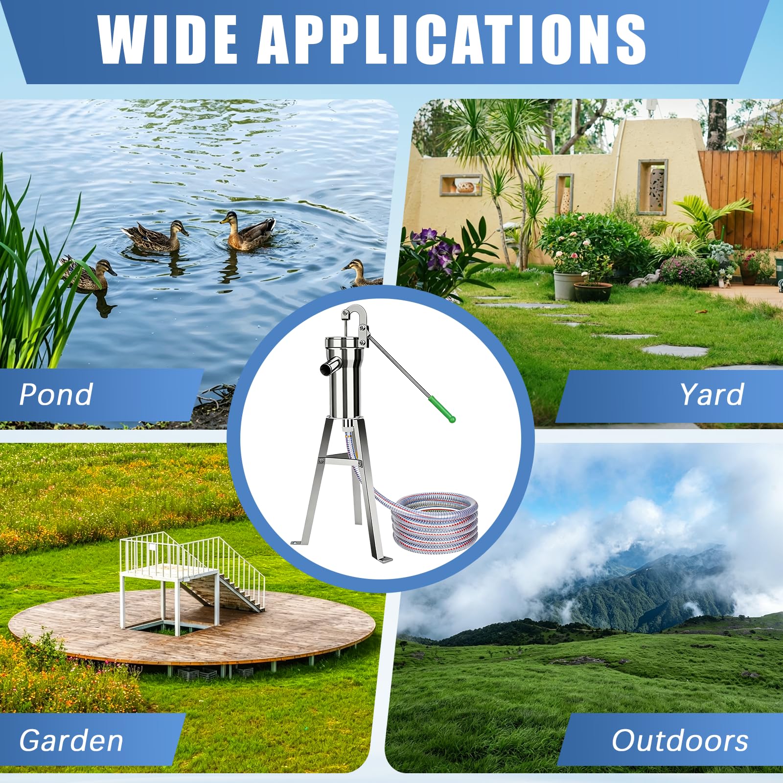 BRGD Bomba de Pozo Manual, Bomba de Agua SubterráNea DoméStica de Acero Inoxidable con Manguera de 5m, Soporte de Montaje y Kit de Accesorios para Casas, Jardines Domésticos