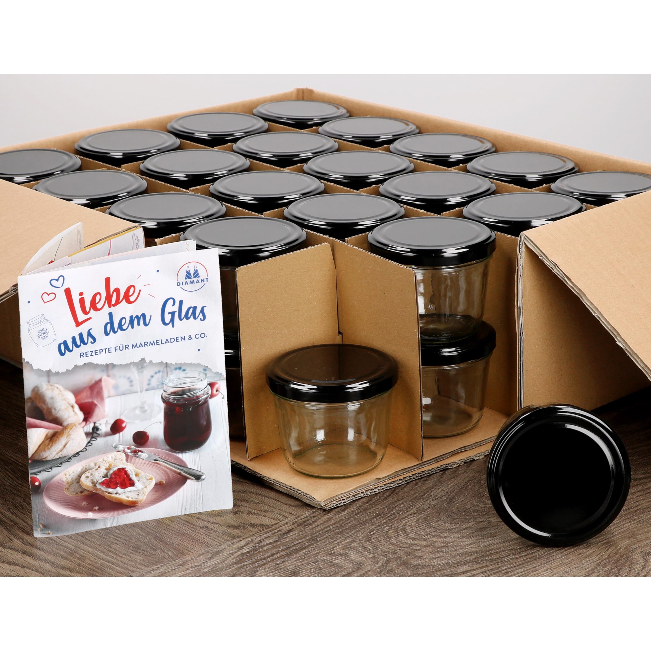 set di 28 pezzi da 53 ml A 43 vasetti per marmellata con coperchio argentato, incluso libretto di ricette