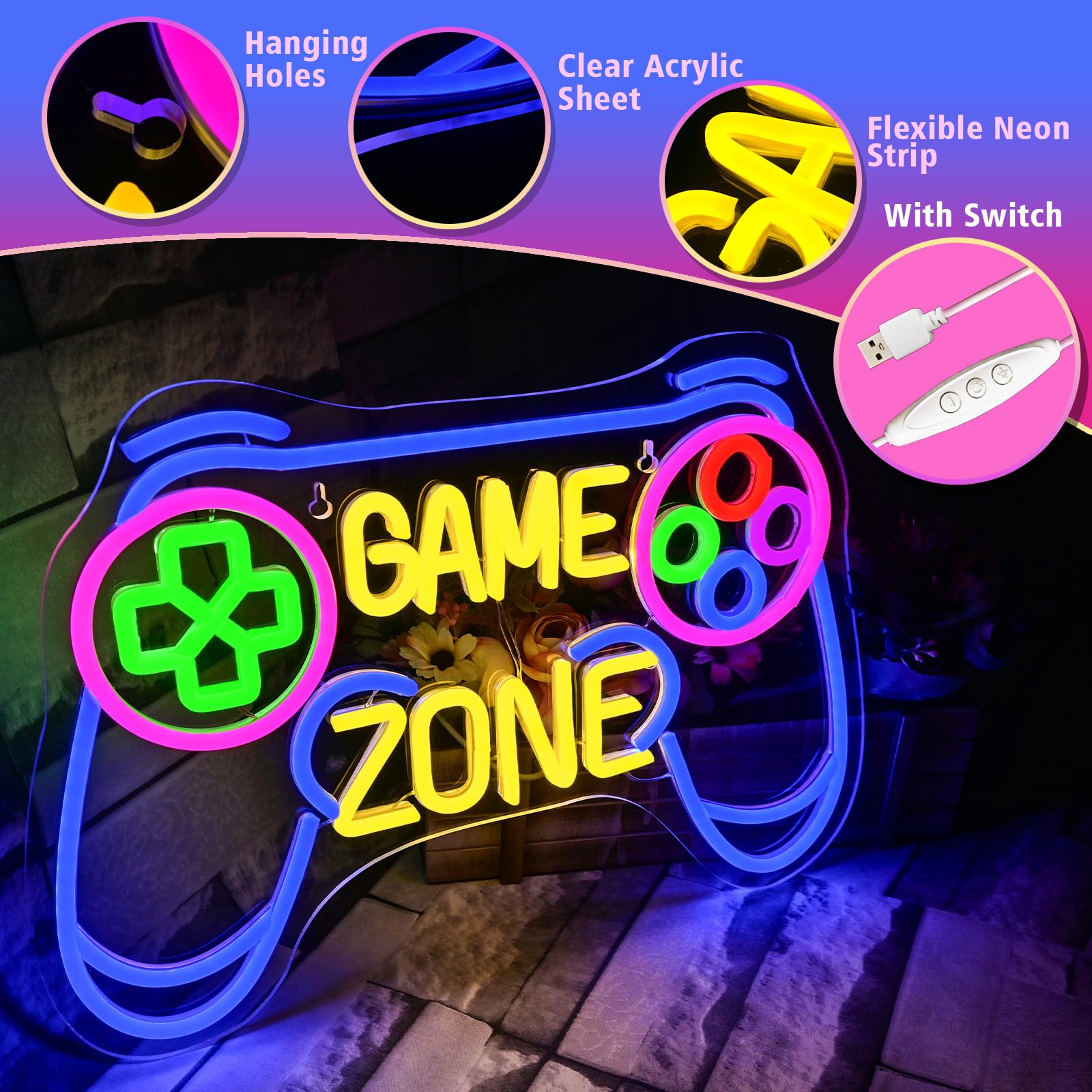 VYXIN Game Zone Neon Sign For Wall Decor,Neon Light for Game Room Gift Ideas for Boys Kids Gamers,Gaming Sign for Boy Room Decor - Image 2