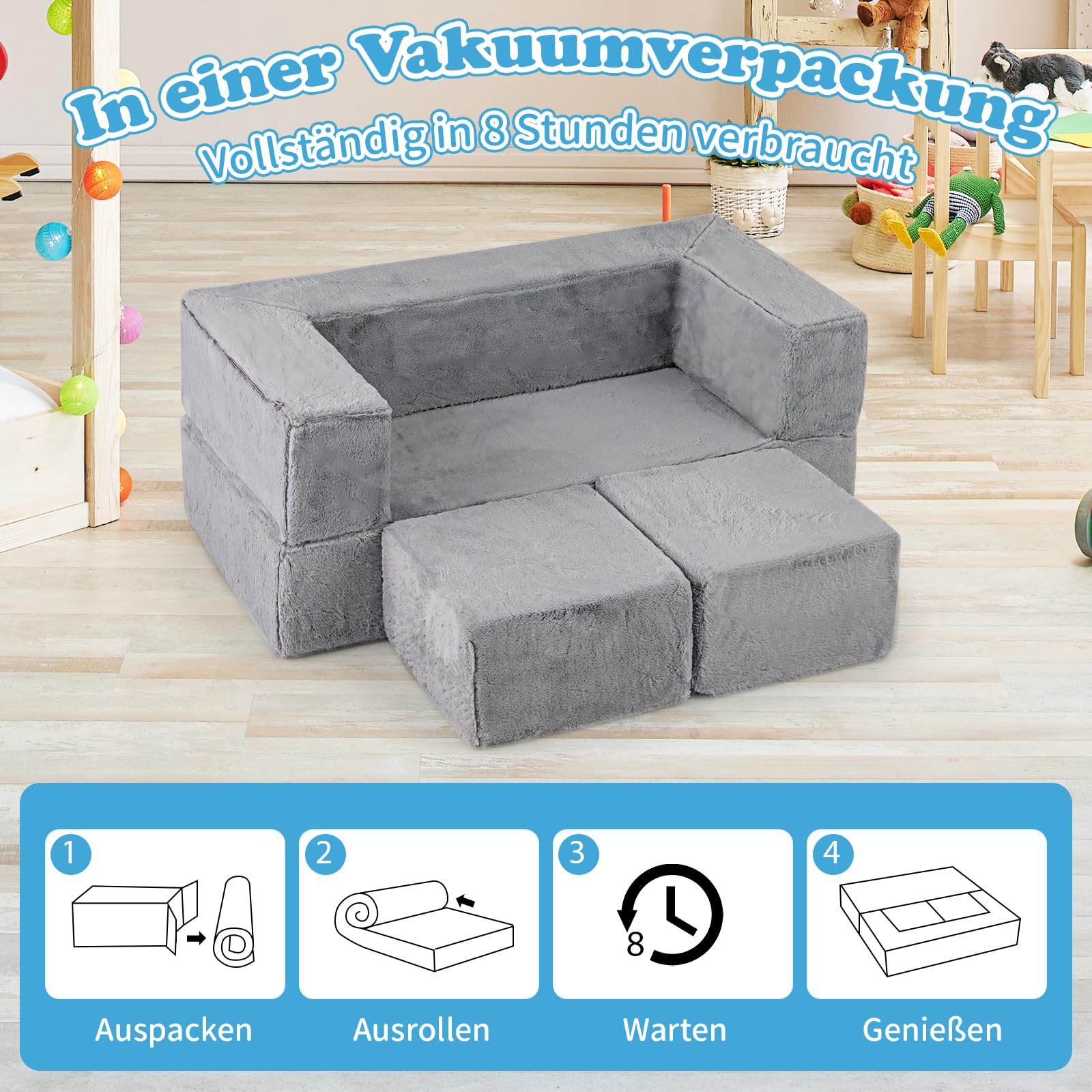 COSTWAY Modulares Kindersofa, Spielsofa aus Schaumstoff mit abnehmbarem Plüschbezug, Ausklappbares Modulsofa für Jungen & Mädchen, Kindersessel für Spielzimmer, Schlafzimmer, Kinderzimmer