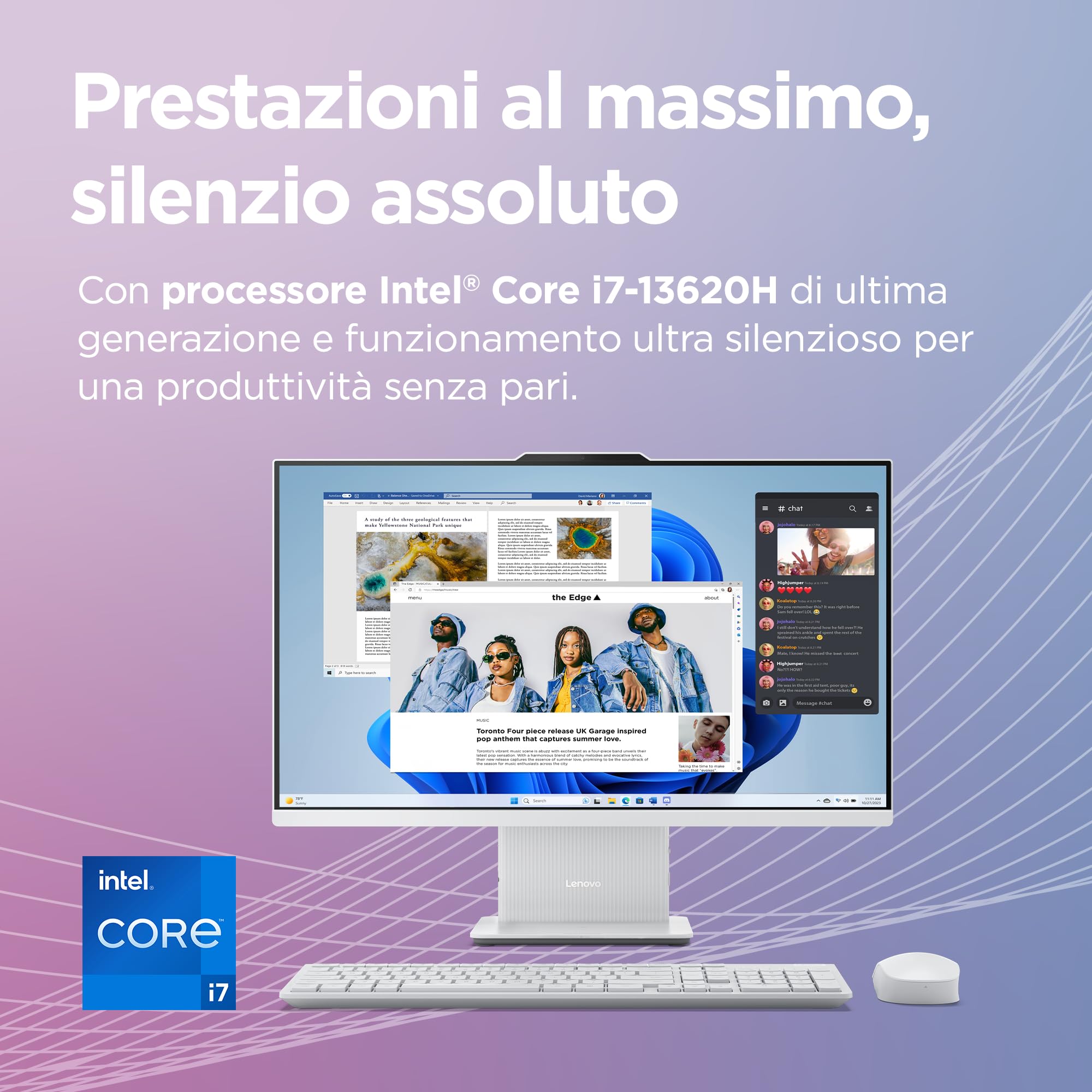 Lenovo IdeaCentre Computer desktop All-In-One, Display 27" FHD, Intel Core i7-13620H, SSD 1T, RAM 16GB, Base ricarica wireless, Speakers, WiFi 6, Windows 11 Home, Mouse + Tastiera - Cloud Grey
