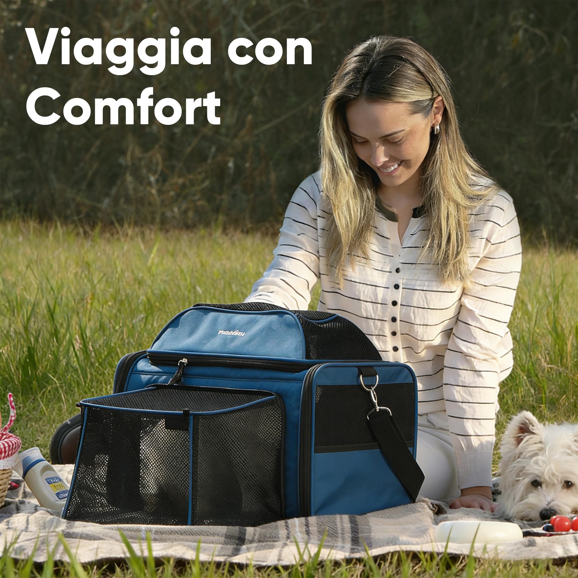 FUKUMARU Trasportino Gatto Espandibile, Morbido e Ventilato, Approvato Compagnie Aeree, Trasportino Cane Piccolo Resistente con Rete Antigraffio, Sicuro e Antifuga, Blu, 46x28x28 cm