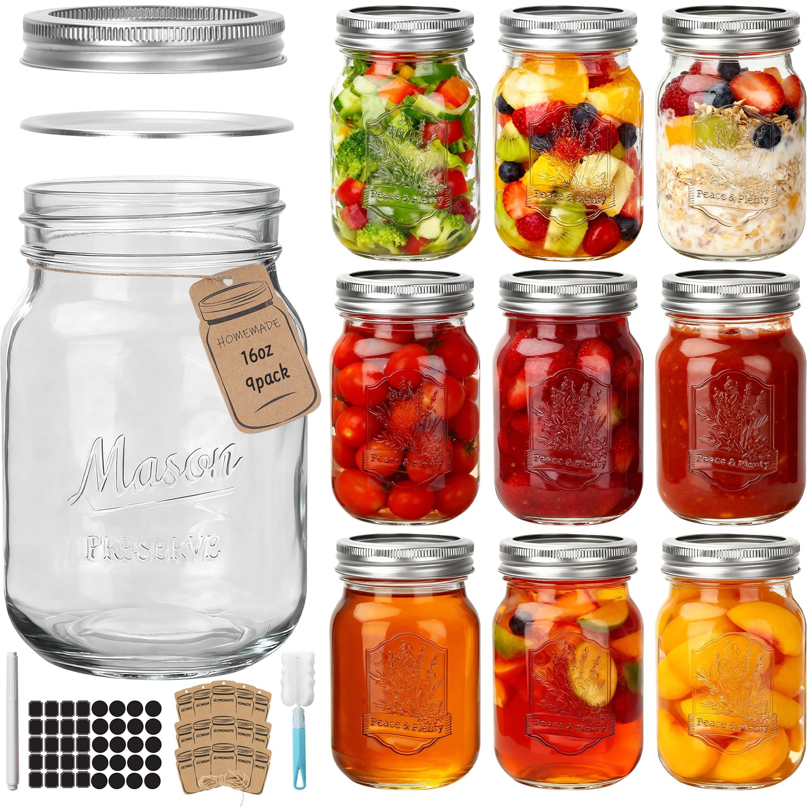 CycleMore 9 Pack 16 oz Embossed Mason Jars