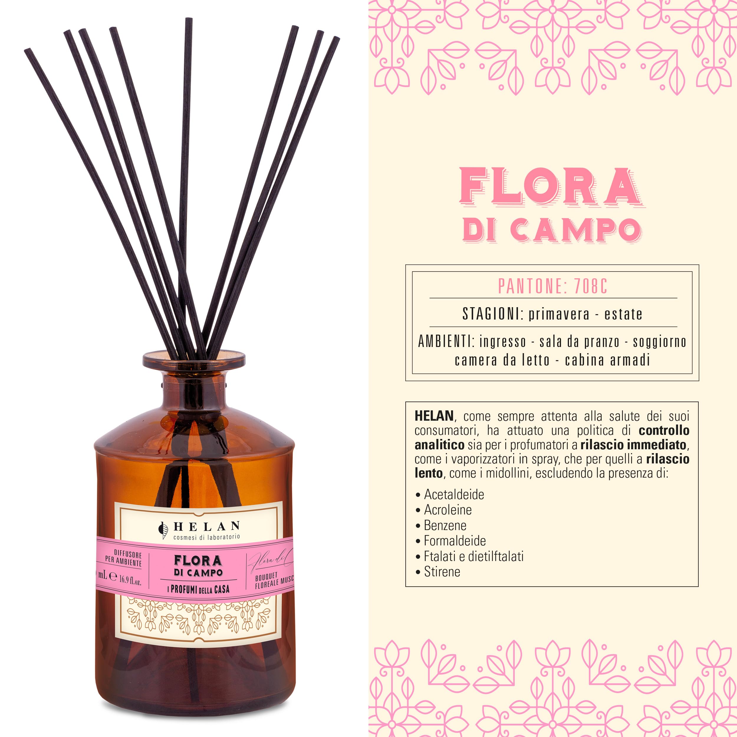 Helan Flora di Campo odświeżacz powietrza, domowe perfumy z piżmowymi nutami kwiatowymi, pałeczki dyfuzora, dezodorant pomysły na prezent i odświeżacz powietrza, 500 ml, wyprodukowano we Włoszech
