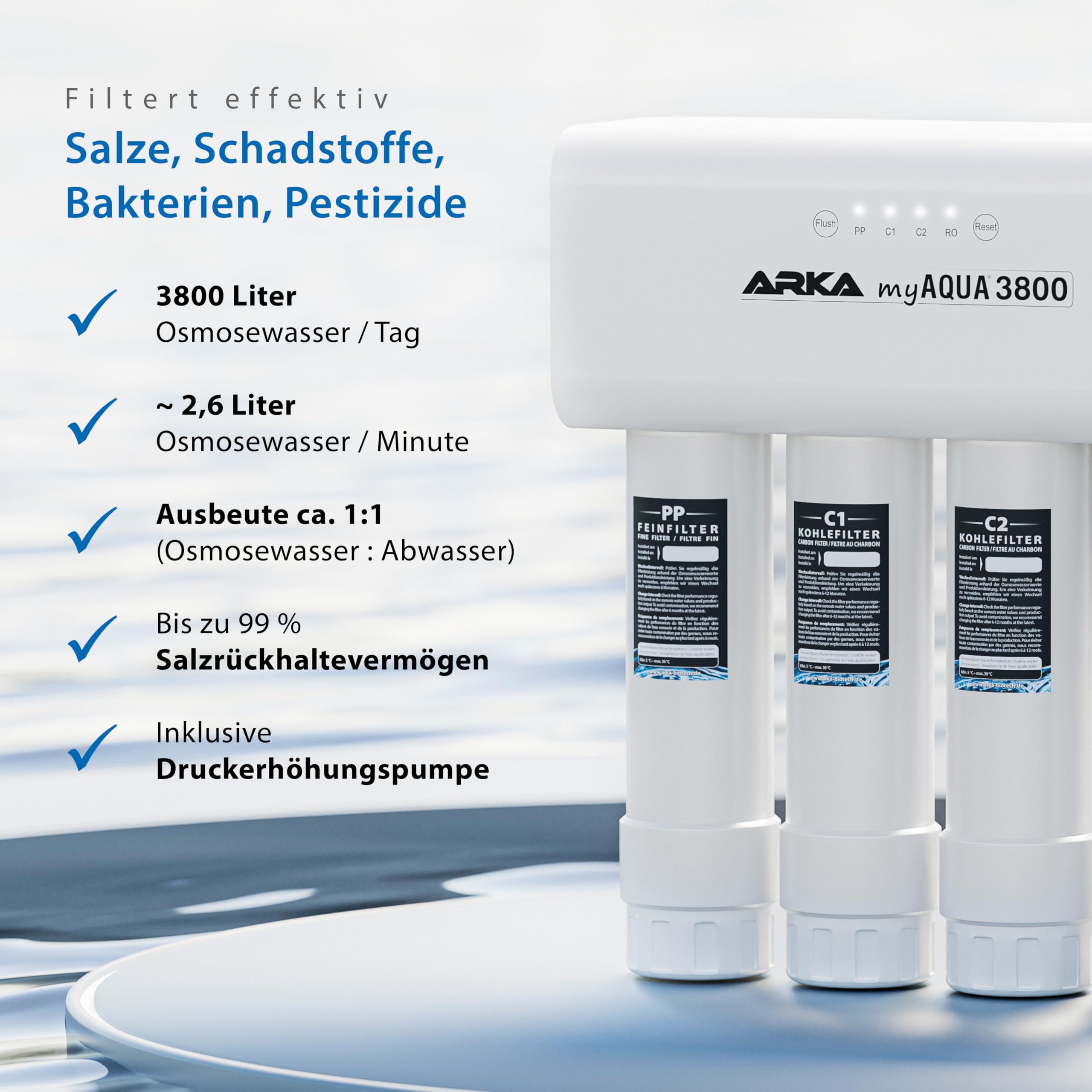 Umkehrosmoseanlage Aquarium 3800 l/Tag - myAqua Komplettset Osmosewasser | Osmoseanlage, für Osmosewasser, entfernt bis zu 99% Salze, Silikat, Nitrat, Chlor, Schwermetalle, Keime, Süßwasser Meerwasser