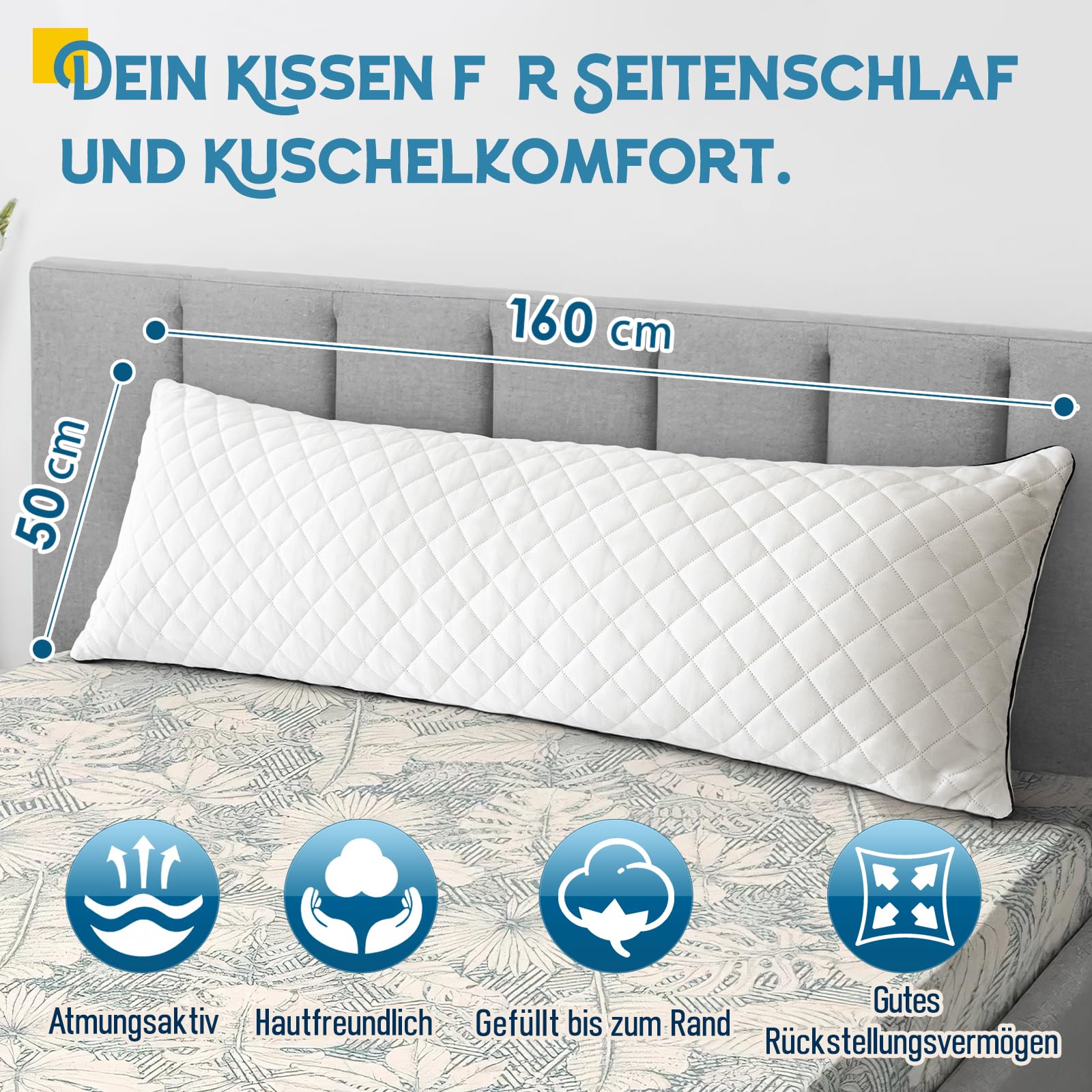 Body Pillow for Adults, Full Body Pilllow for Sleeping, Bolster Side Sleeper Pillow with Cover (Weiß-Memory Foam, 160 x 50 cm)