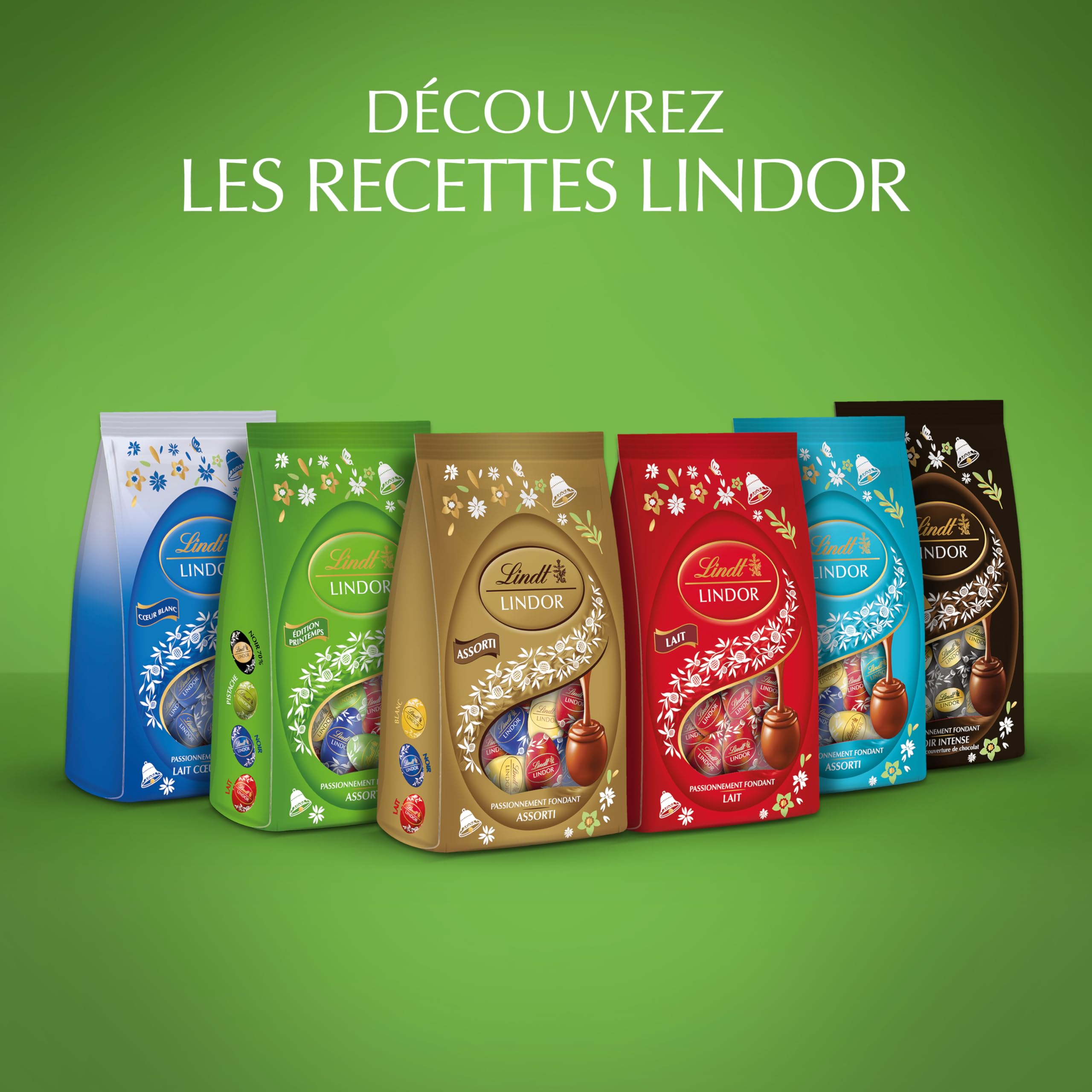 Lindt - Sachet d'Œufs LINDOR - Assortiment de Chocolats au Lait, Noir 45%, Noir 70%, Pistache - Idéal pour Pâques, 180g