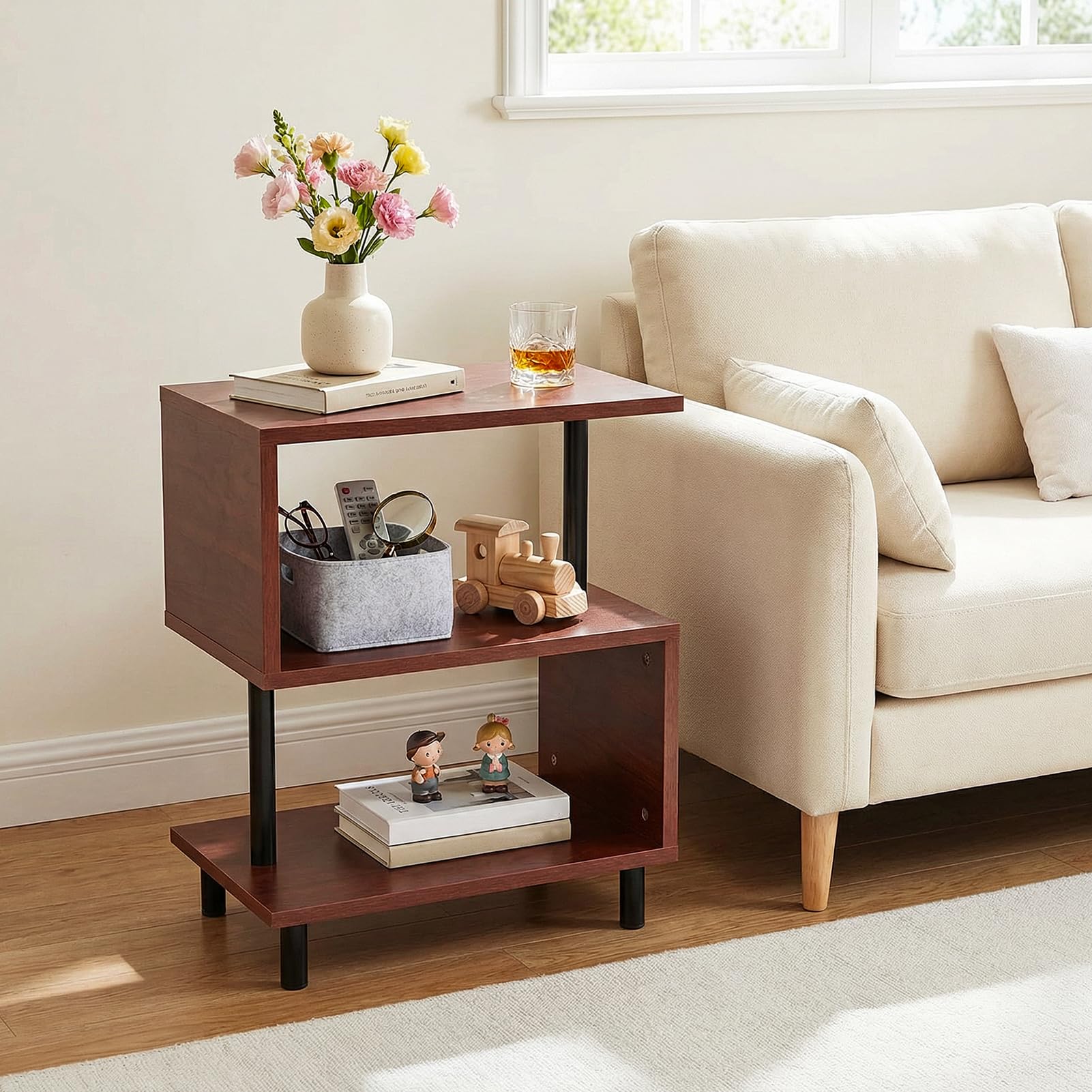 Warmiehomy Side End Table 3 Tier Wooden 4 Round Legs Beauty Open Shelf Bedside Table Modern Sofa Side End Table for Living Room Bedroom Small Space 40 * 30 * 51cm（Brown）