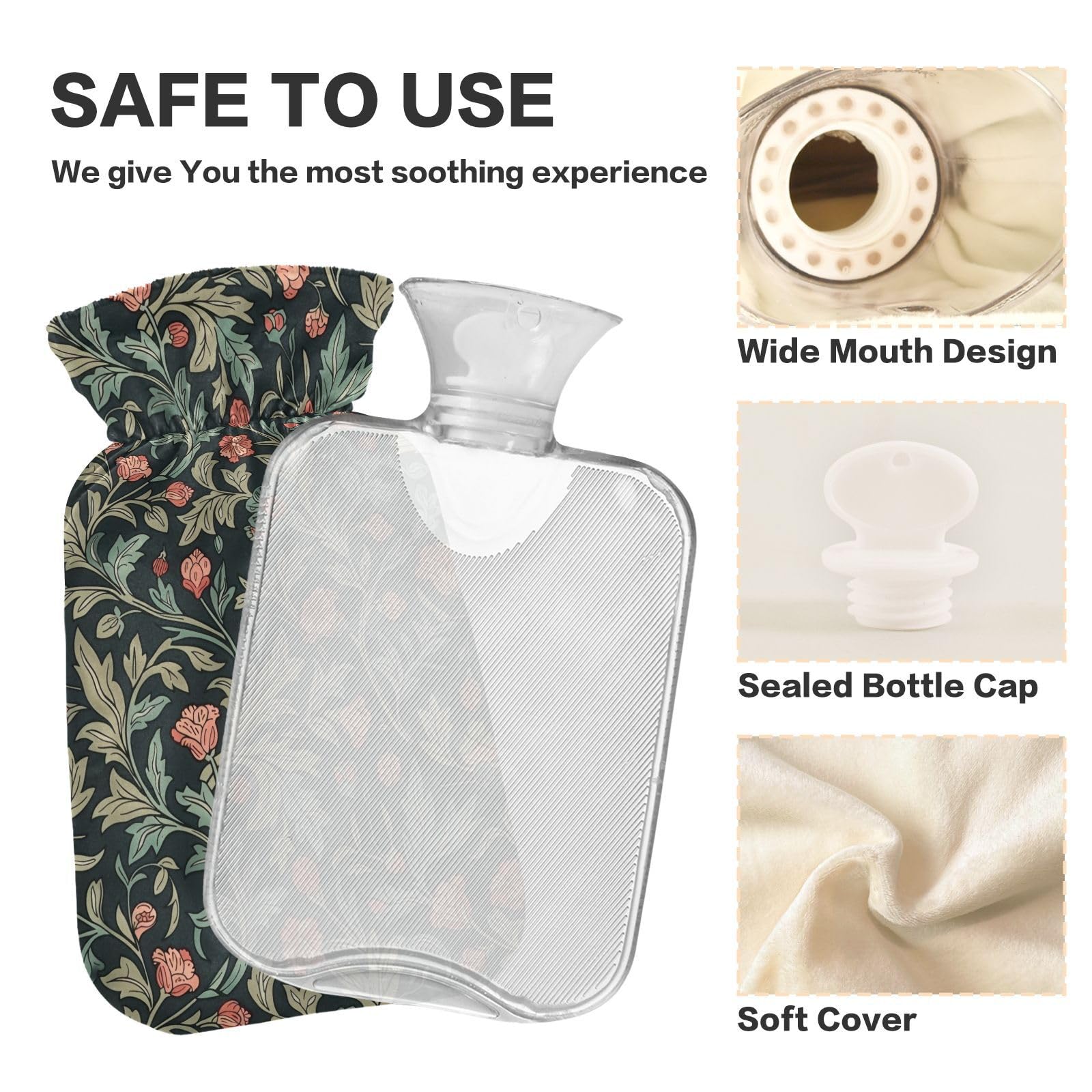 YNNALE Retro Sage Green Red Floral Hot Water Bottle with Cover, 2Liter Soft Velvet Winter Warm Water Bag for Neck and Shoulder Pain Relief Period Cramps Bed Hand Feet Warmer