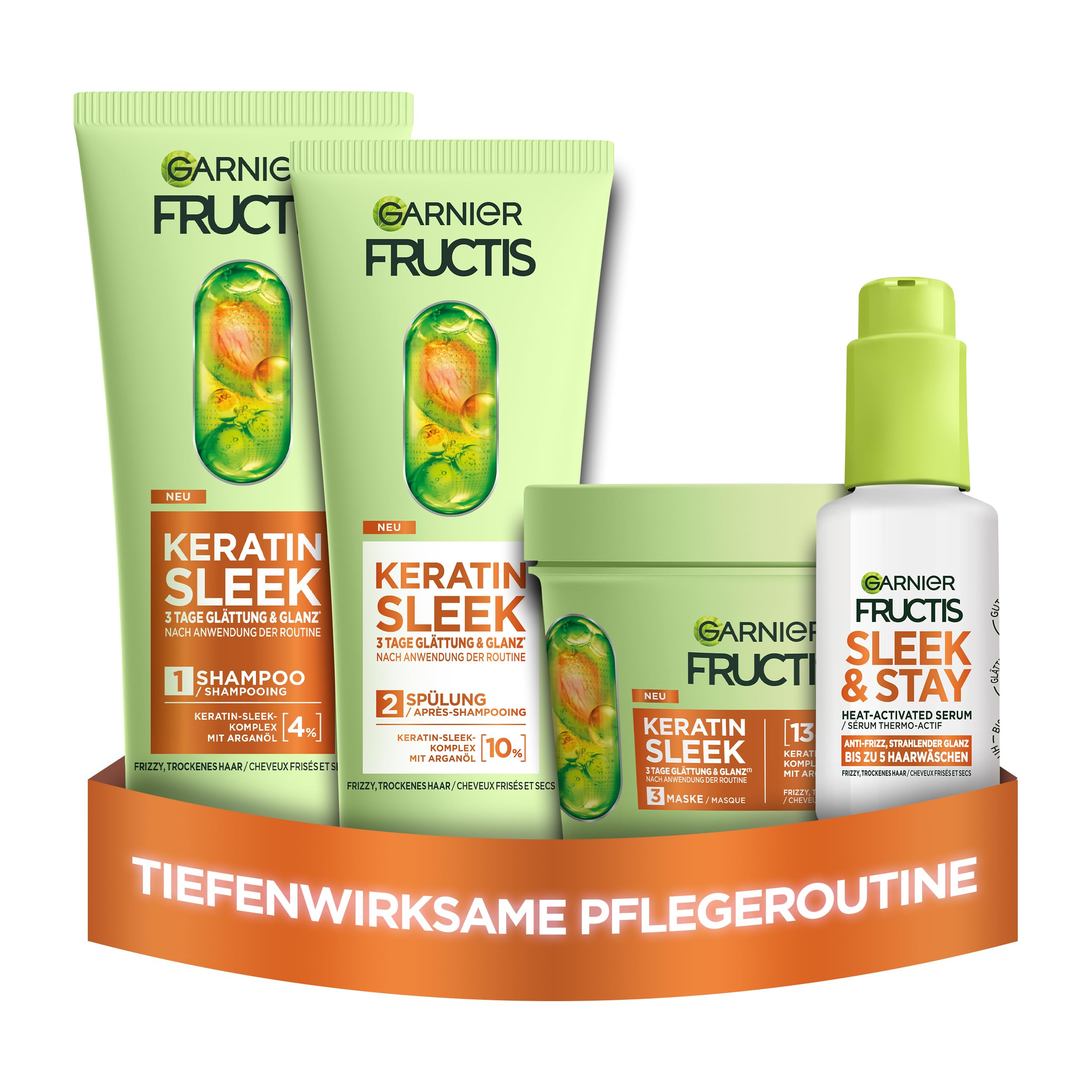 Garnier Fructis Keratin Sleek Haarpflegeset mit Shampoo, Spülung, Haarmaske und Haarserum, Keratin-Sleek Komplex mit Arganöl, für intensive Glättung, langanhaltender Glanz, Anti-Frizz, Routine, 4tlg.