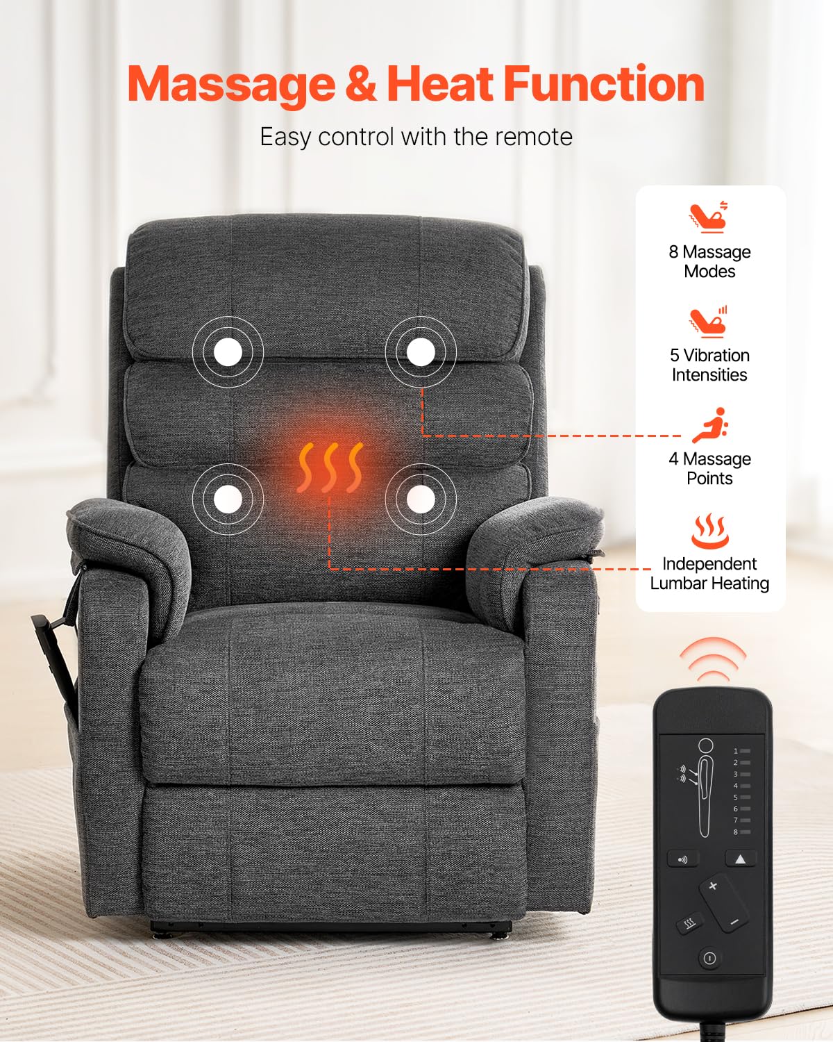 VEVOR Fauteuil inclinable électrique, fauteuil releveur avec chaleur et massage pour personnes âgées, fauteuil relax à double moteur avec 2 cordes anti-chute, réglage de position infini, gris foncé, M