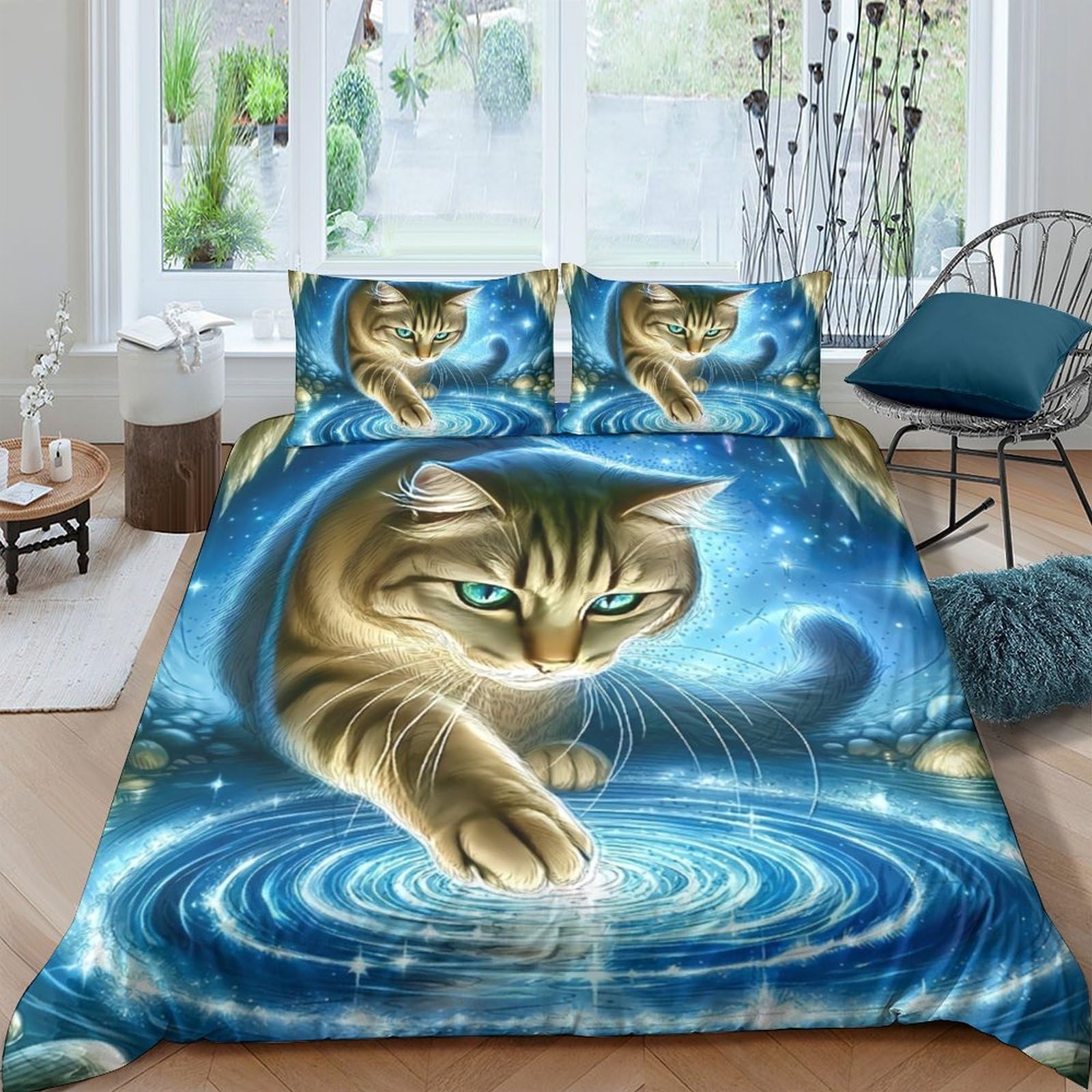Tyuiopasdfg Colorful-8 Cat Lover Starry Cat Duvet Cover Set Microfiber 3 Piece Bedding Set Soft For Bedroom Decor Single（140X200cm）