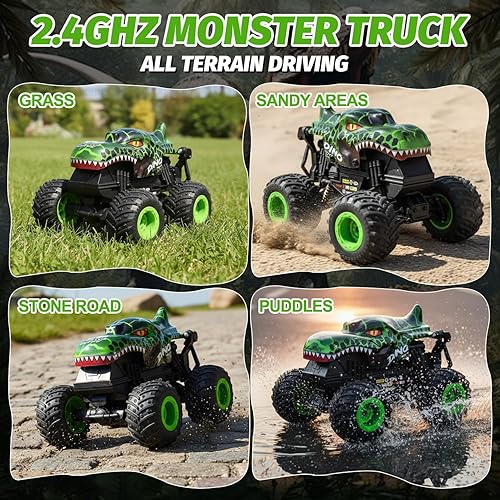 Miniatura 5 de Camión monstruo de juguete para niños, juguete de dinosaurio 120, camión RC con giros de 360 y deriva, 2.4 GHz todoterreno Monster Trucks para niños