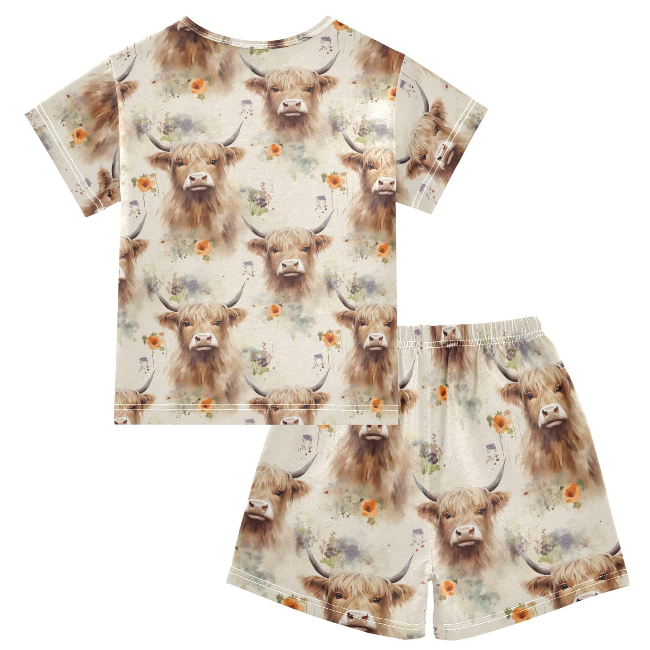 UMIRIKO Highland Cow Animal Summer Short Sleeve Pajamas Sleepwear PJ Set B0403016