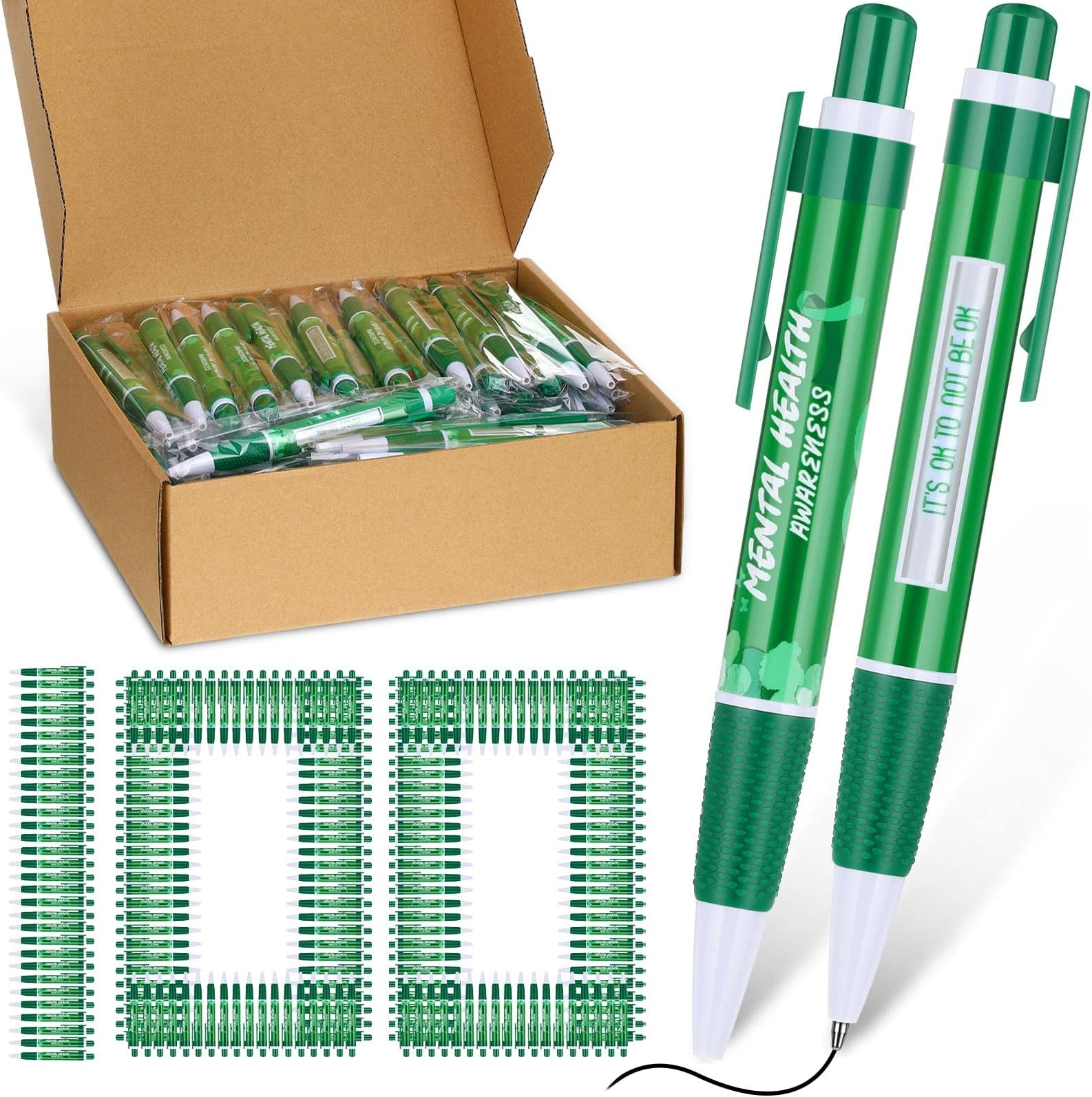 100 Pcs Mental Health Awareness Items Green Ribbon Message Pens World Mental Health Day Retractable Ballpoint Pen for School Nonprofit Organization Charity Classroom Supply Kid Gift 1.0 mm Black Ink