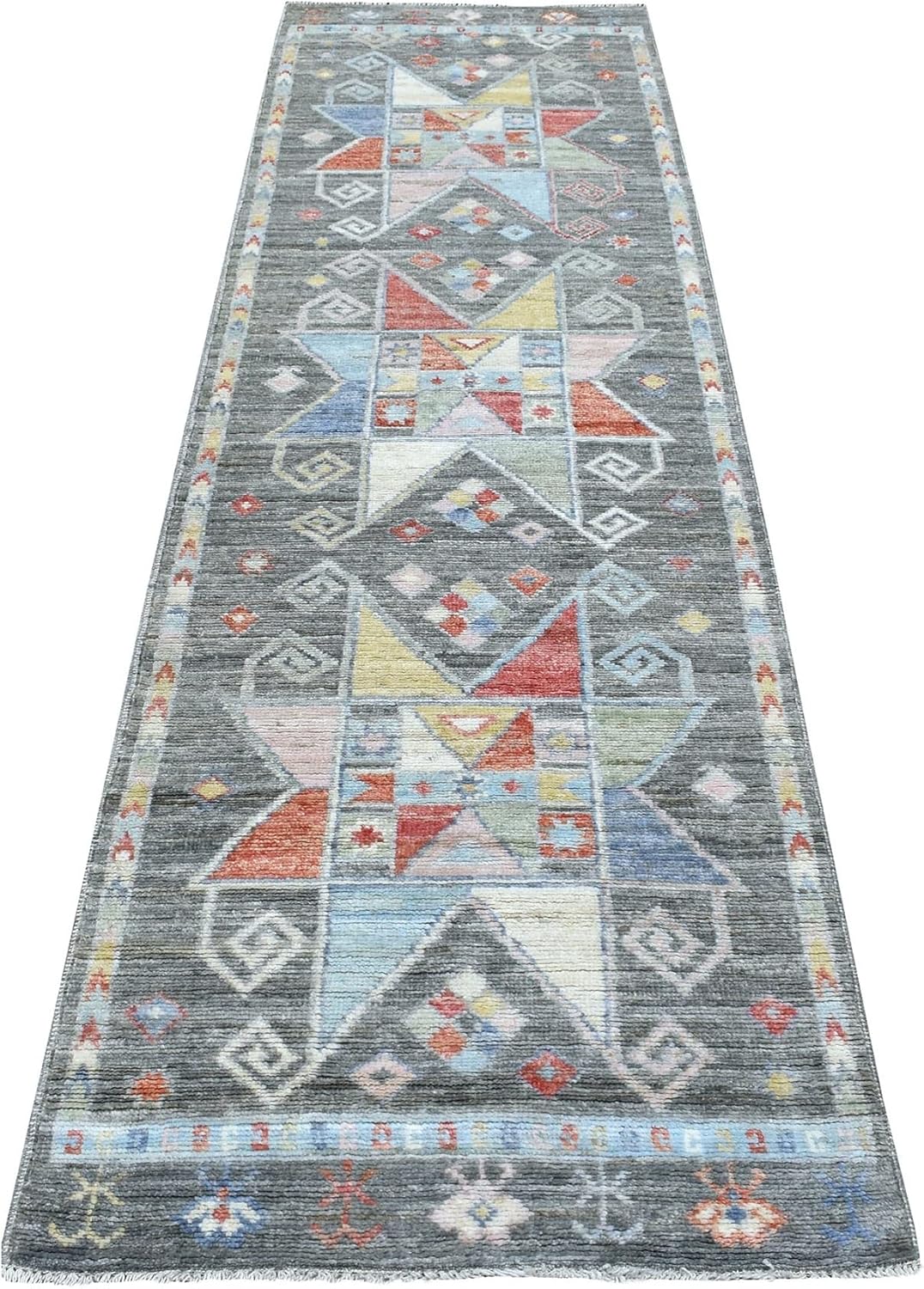 Village Inspired Anatolian Colorful Star Design Soft Afghan Wool Hand Knotted Oriental Runner Rug (2'8"x9'7")