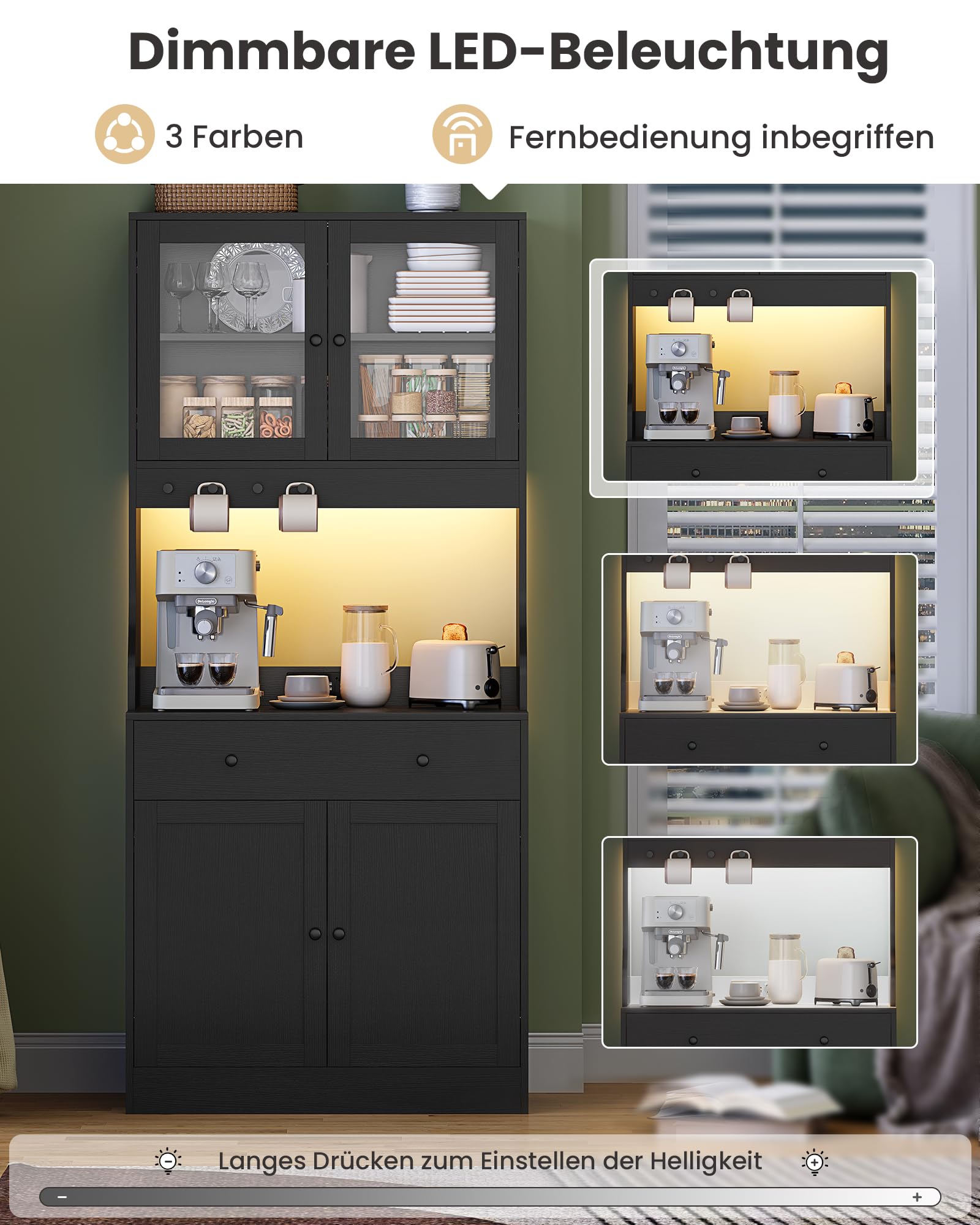 KIMENICH Küchenschrank mit Arbeitsfläche, Buffetschrank mit Schublade, Sideboard mit LED, Steckdose, Glasschranktür, Verstellbare Ablagen, Küche, Wohnzimmer, Esszimmer, Schwarz