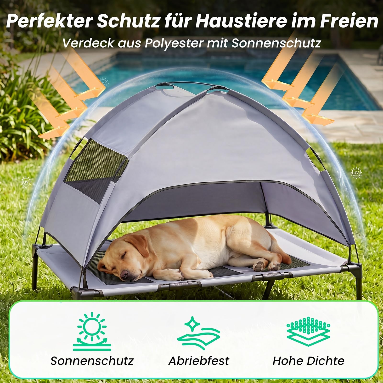 COSTWAY Hundebett mit Baldachin, Hundeliege Garten, Haustier Liegeplatz draußen, Hundesofa Schlafplatz Outdoor, Haustierbett Hund, Katzenliege Katzenbett (122,5 x 91 x 95 cm)