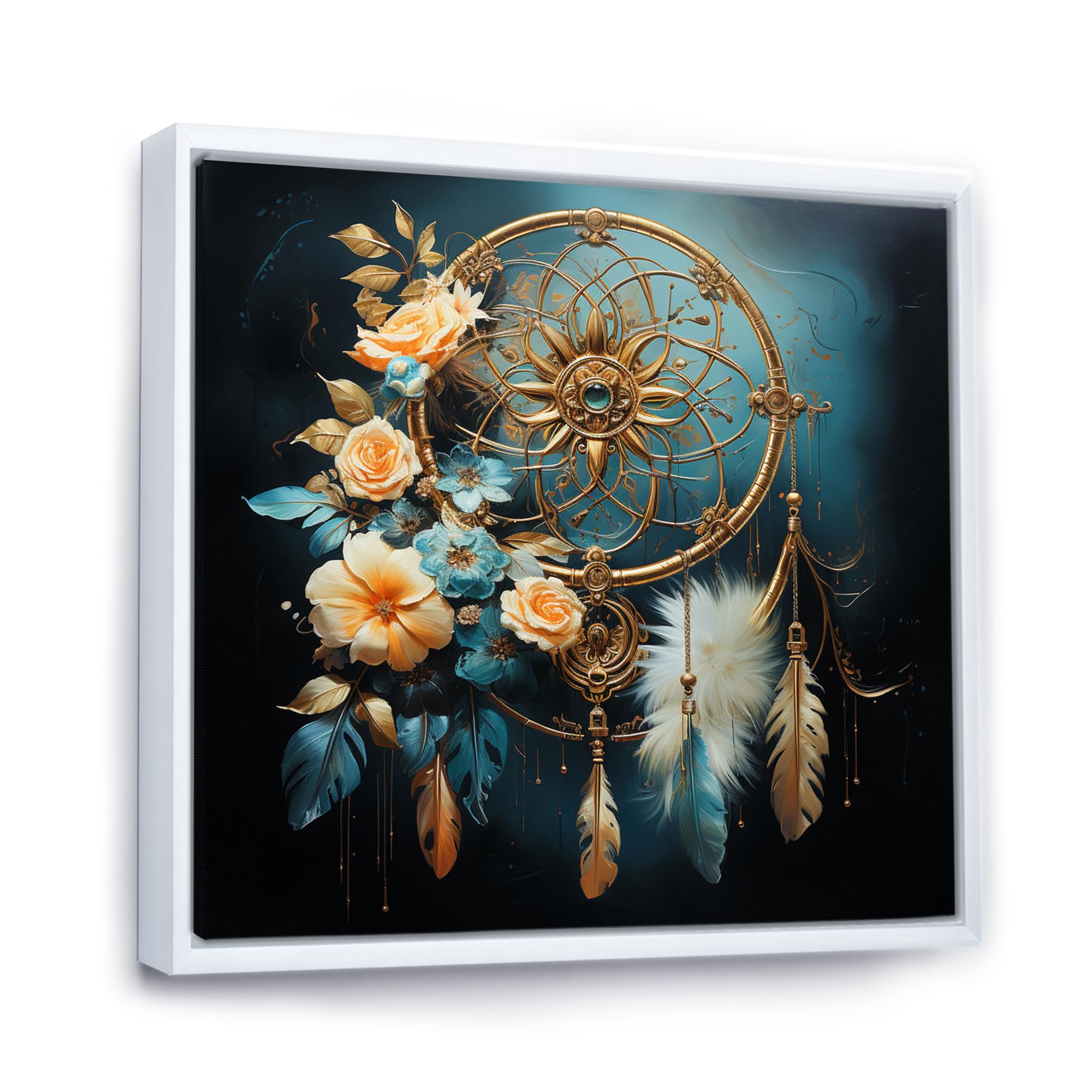 DesignQ Large Dream catcher framed wall art, Gilded Dreams Gold Dream Catcher I, Dream catcher framed wall art decor, Gold Traditional Canvas White framed wall art, 16x16 inches