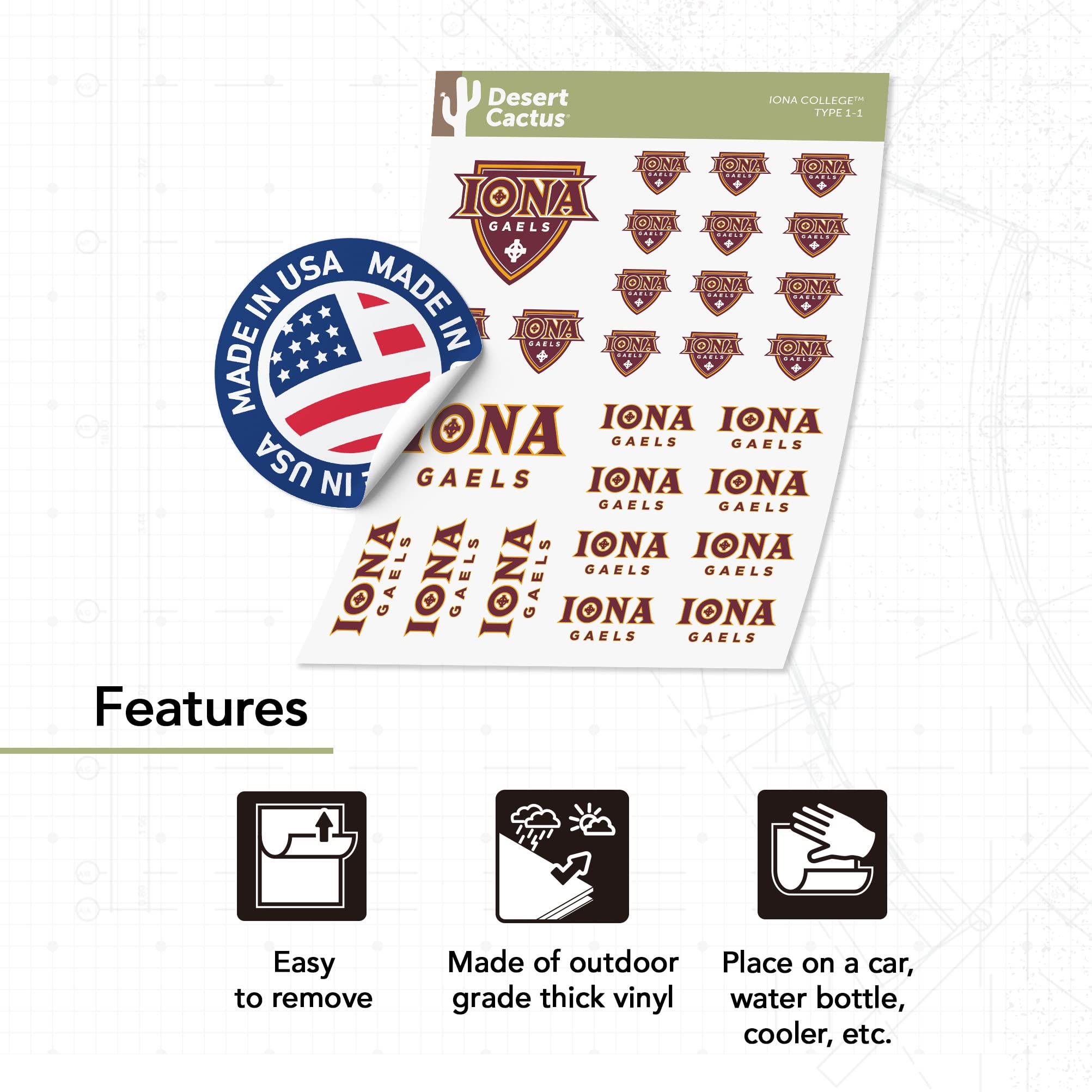 Iona College Sticker Sheet - Full Size 8.5x11 Inch Vinyl Decal Pack, Officially Licensed Laptop, Car & Water Bottle Decals