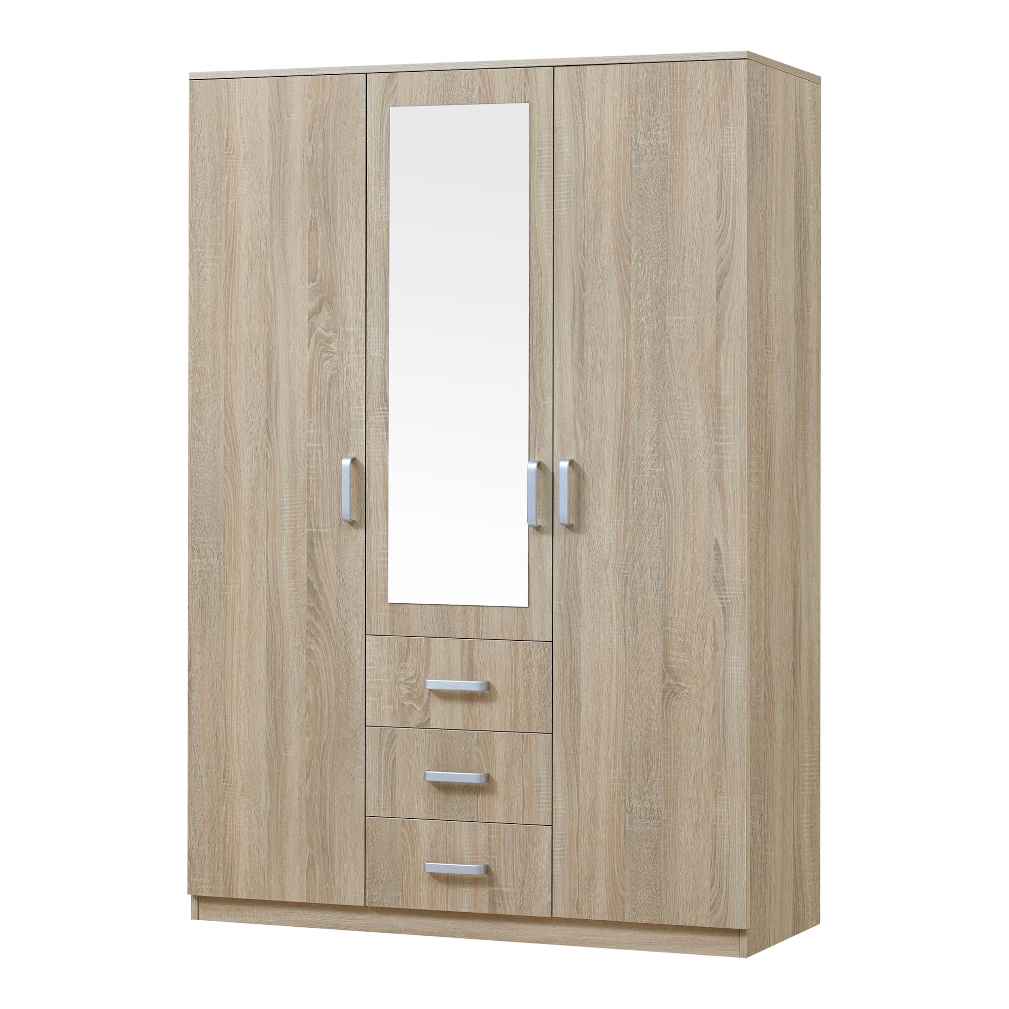 [en.casa] Armario Ropero Bodolz Guardaropa Armario de Almacenamiento con 3 Puertas 1 Perchero 5 Compartimentos 1 Espejo MDF 176 x 120 x 52 cm - Efecto Roble Sonoma