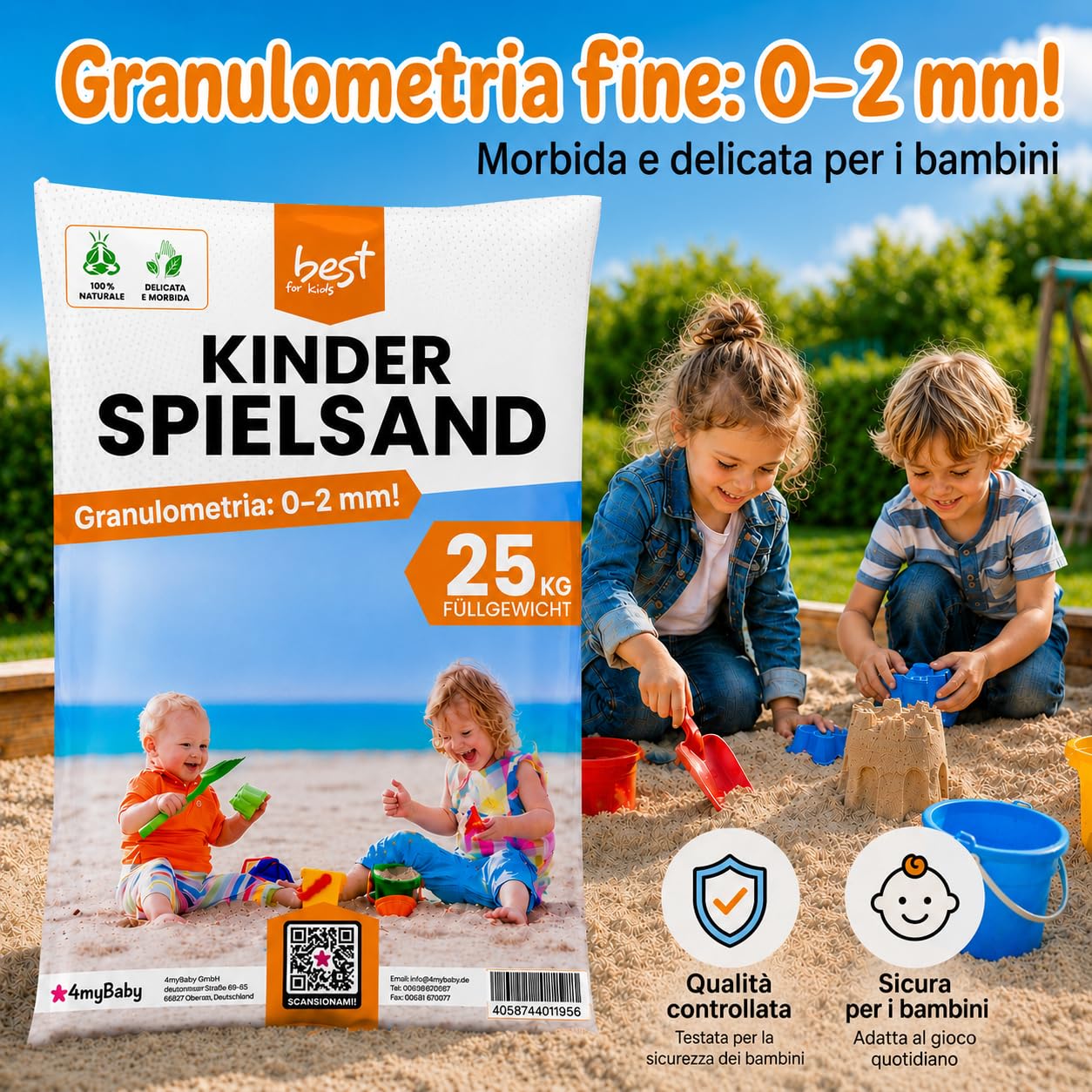 Best For Home | Sabbia da Gioco(25 kg) | Sabia di Quarzo Fine Lavata e Divertimento all’Aperto | Granulometria 0-2 mm | Atossica e Sicura | Ideale per e Aree da Gioco | Sabbia bambini per sabbiera