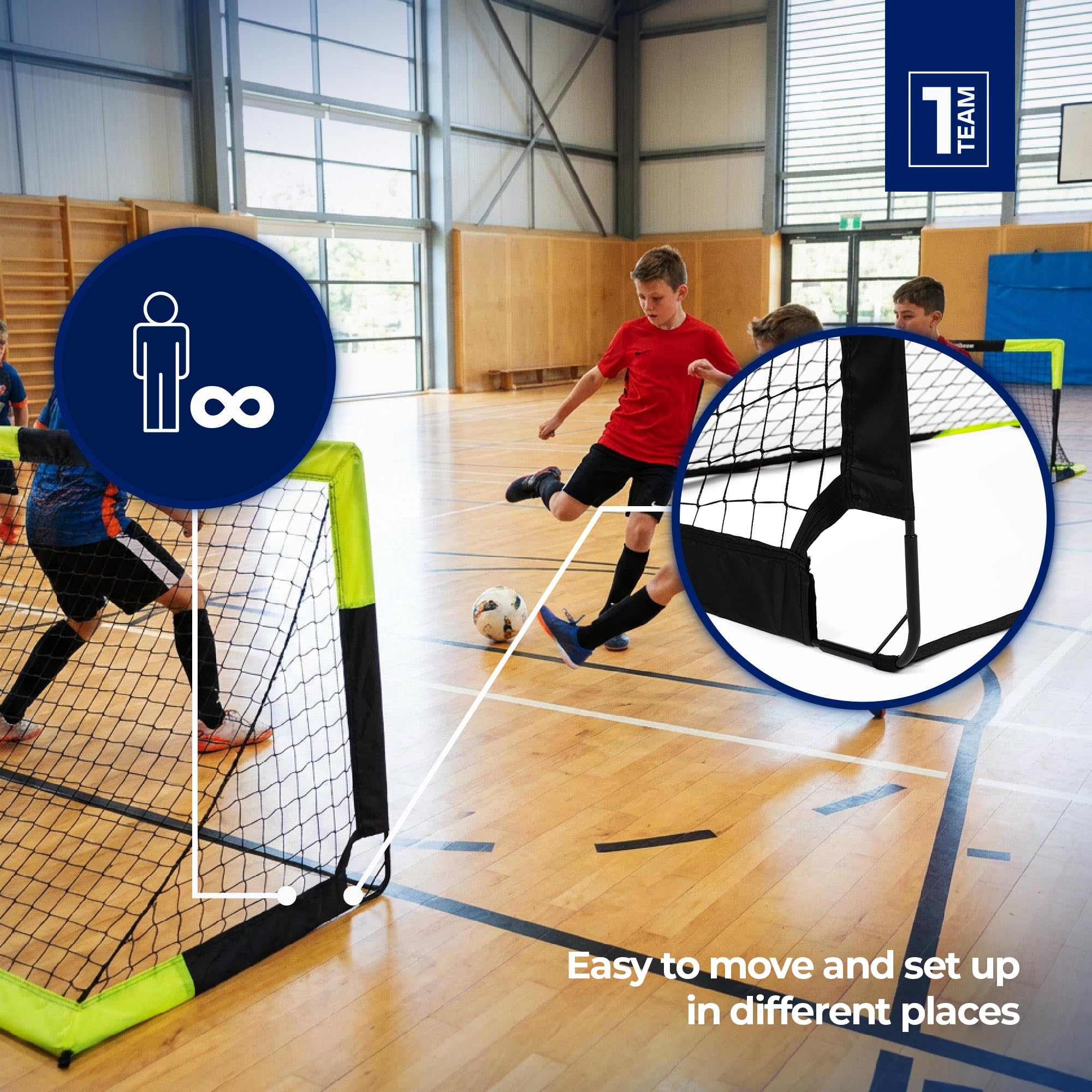 OneTeam Sekundenschneller Aufbau – Pop-Up Fußballtor Goalify – Flexibles Fiberglas – Schwarz – für Garten, Strand und Park