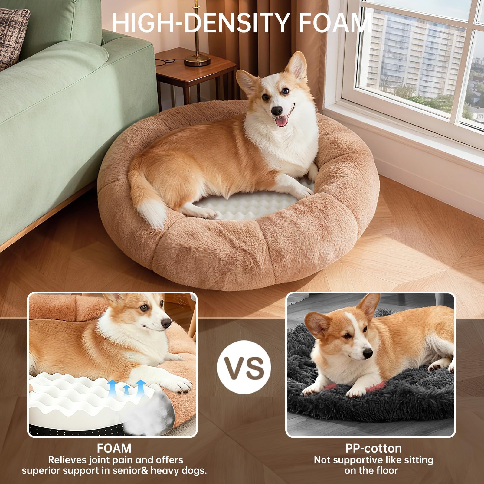 OhGeni 31 inches Calming Donut Orthopedic Dog & Cat Bed for Medium Pets, Warming Comfort Fluffy Short Pile Fur, Durable Waterproof Machine Washable Removable Cover, Cute Round Bed for Puppy, Camel - image 3