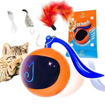 Migipaws Cat Toy Balls, Automatic Ball Bundle Classic Mice + Feather Kitten Toys in Pack. DIY N in 1 Pets Smart Electric Teaser, USB Rechargeable (Orange)