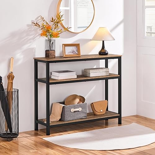 Miniatura 2 de Yaheetech Mesa consola industrial, mesa de entrada de 3 niveles con estantes de almacenamiento, mesas de sofá estrechas para sala de estar, Marrón