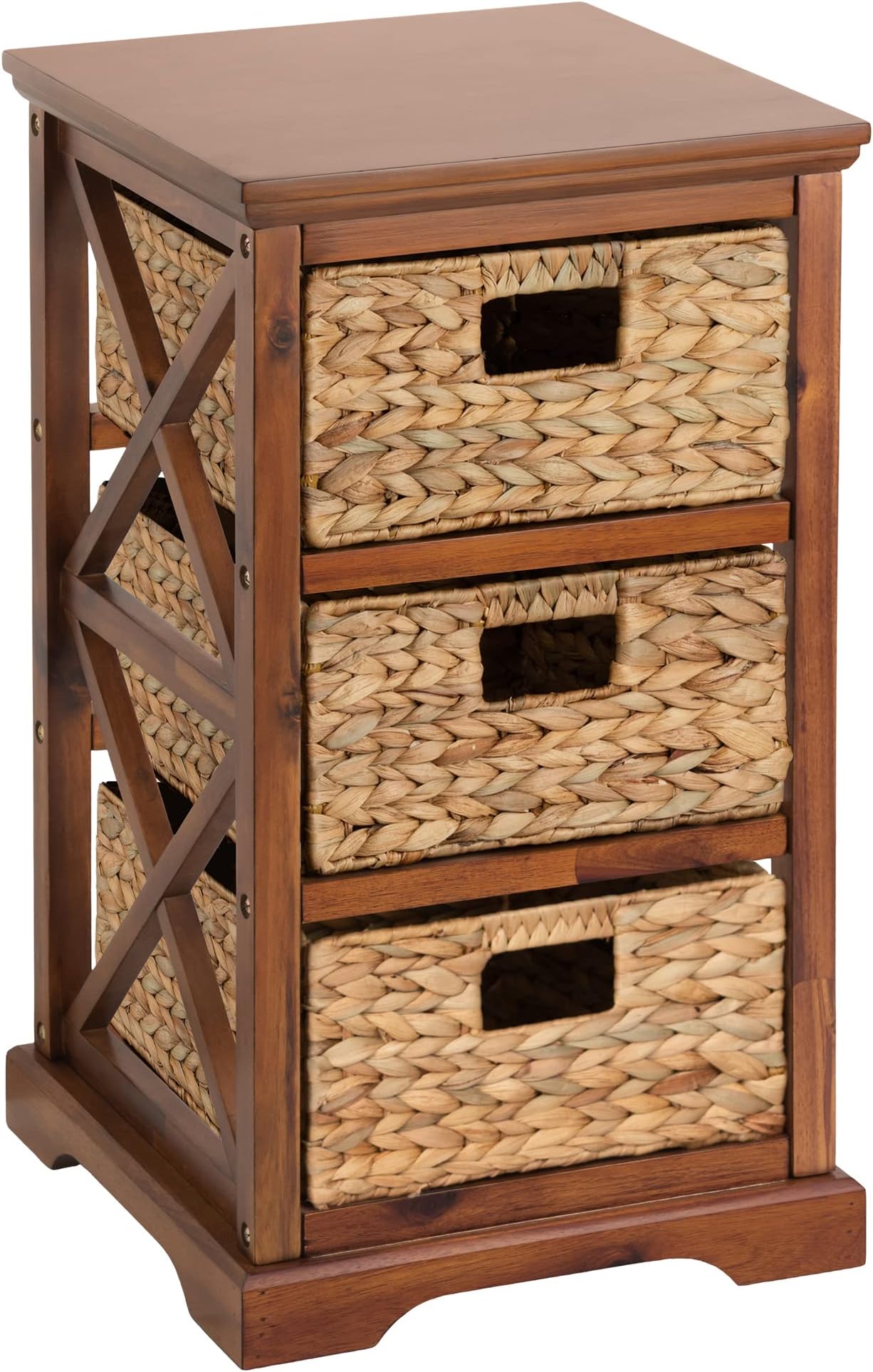 Hampton Meadows 3 Tier X-Side End Storage Cabinet with 3 Wicker Baskets, Walnut