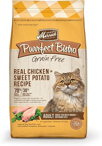 Merrick Purrfect Bistro - Alimento seco natural libre de granos para gatos adultos, receta de pollo real y batata - Bolsa de 12 libras