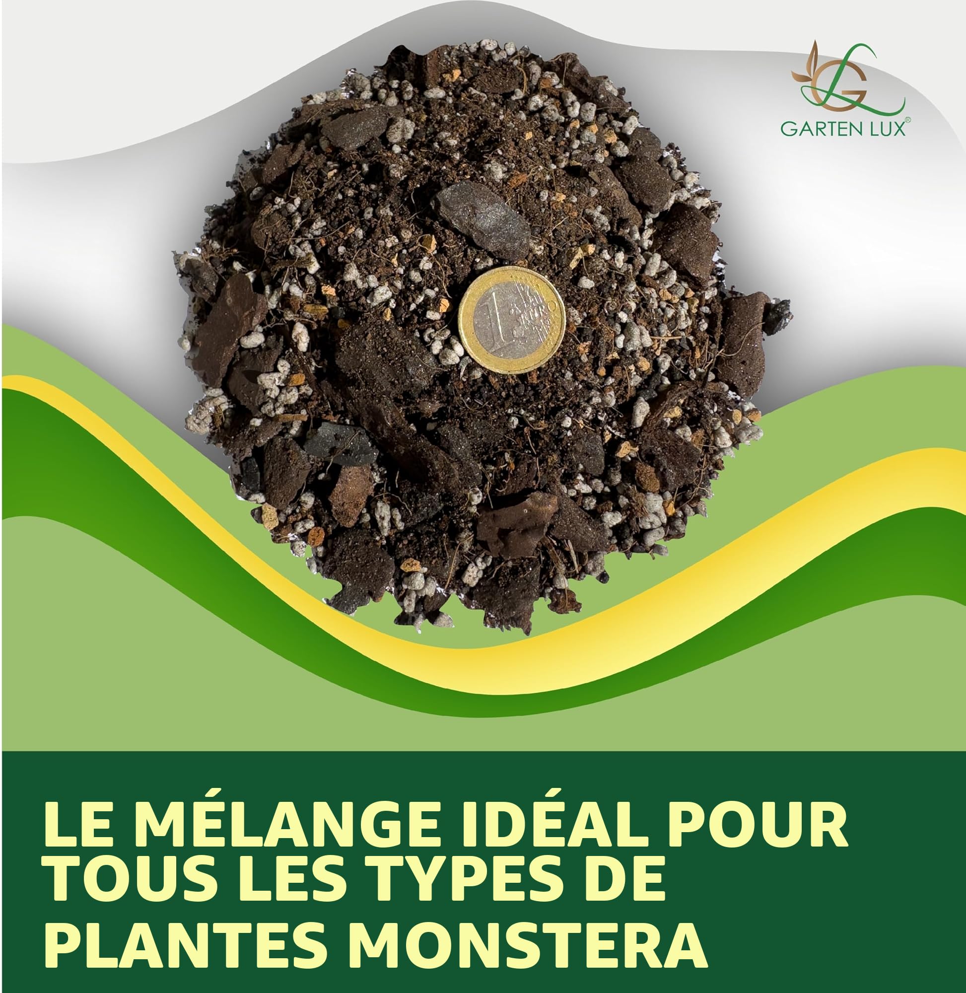 Garten Lux Monstera Terra 4L sans tourbe - 6-en-1 contre les moustiques deuil | substrat aroid | terre de coco, perlite, écorce de pin, biohoumus, charbon de jardin + complexe secret | drainant