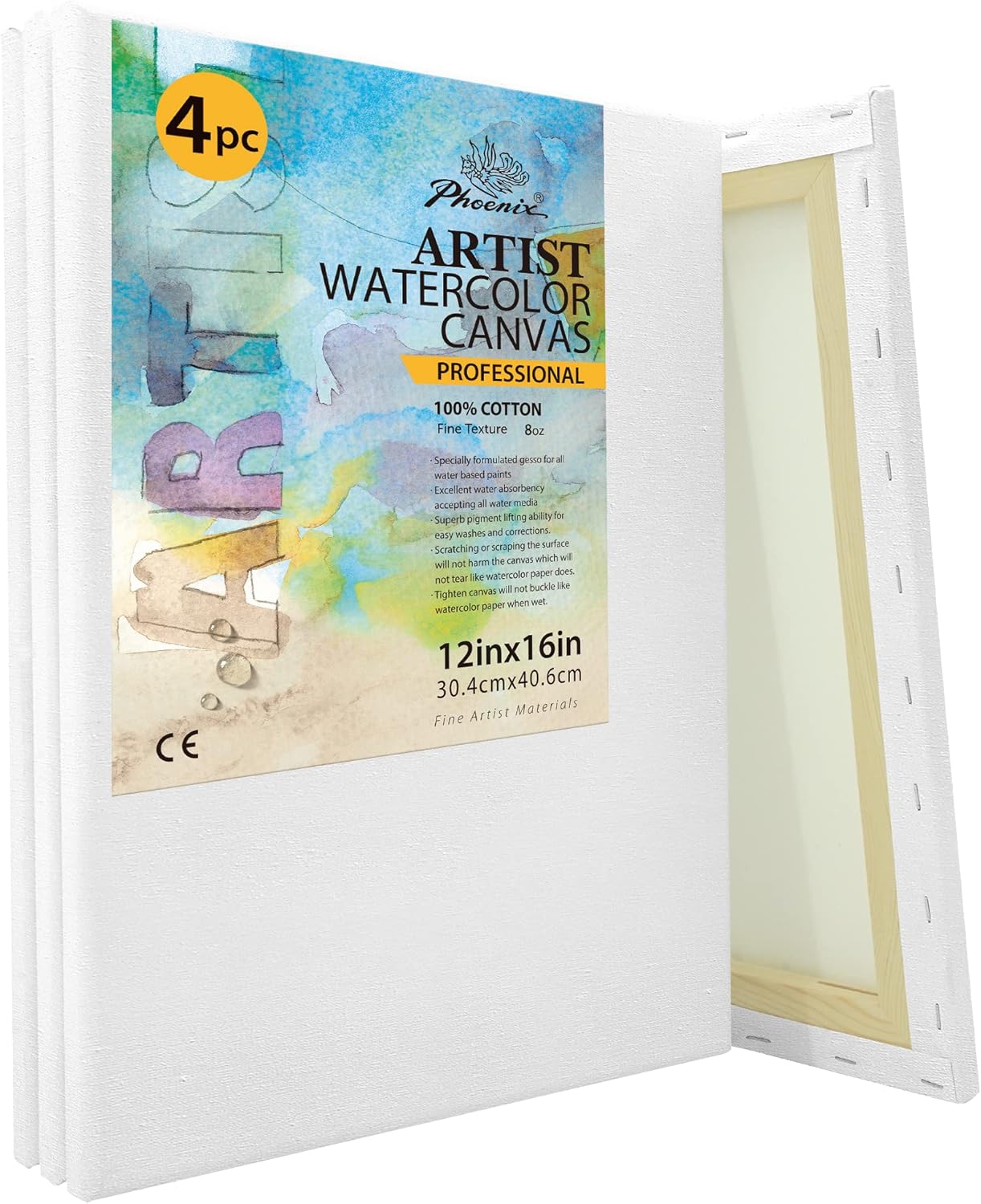 PHOENIX Watercolor Stretched Canvases, 12x16 Inch/4 Pack - 8 Oz, 3/4 Inch Profile, 100% Cotton Triple Primed White Blank Canvases for Watercolor, Acrylic, Gouache, Tempera, Crafts & Pouring Art