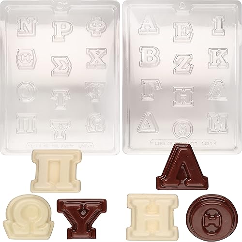 CybrTrayd Moldes para dulces de chocolate  Letras griegas  Paquete de moldes de 2 piezas  Incluye instrucciones (idioma español no garantizado)