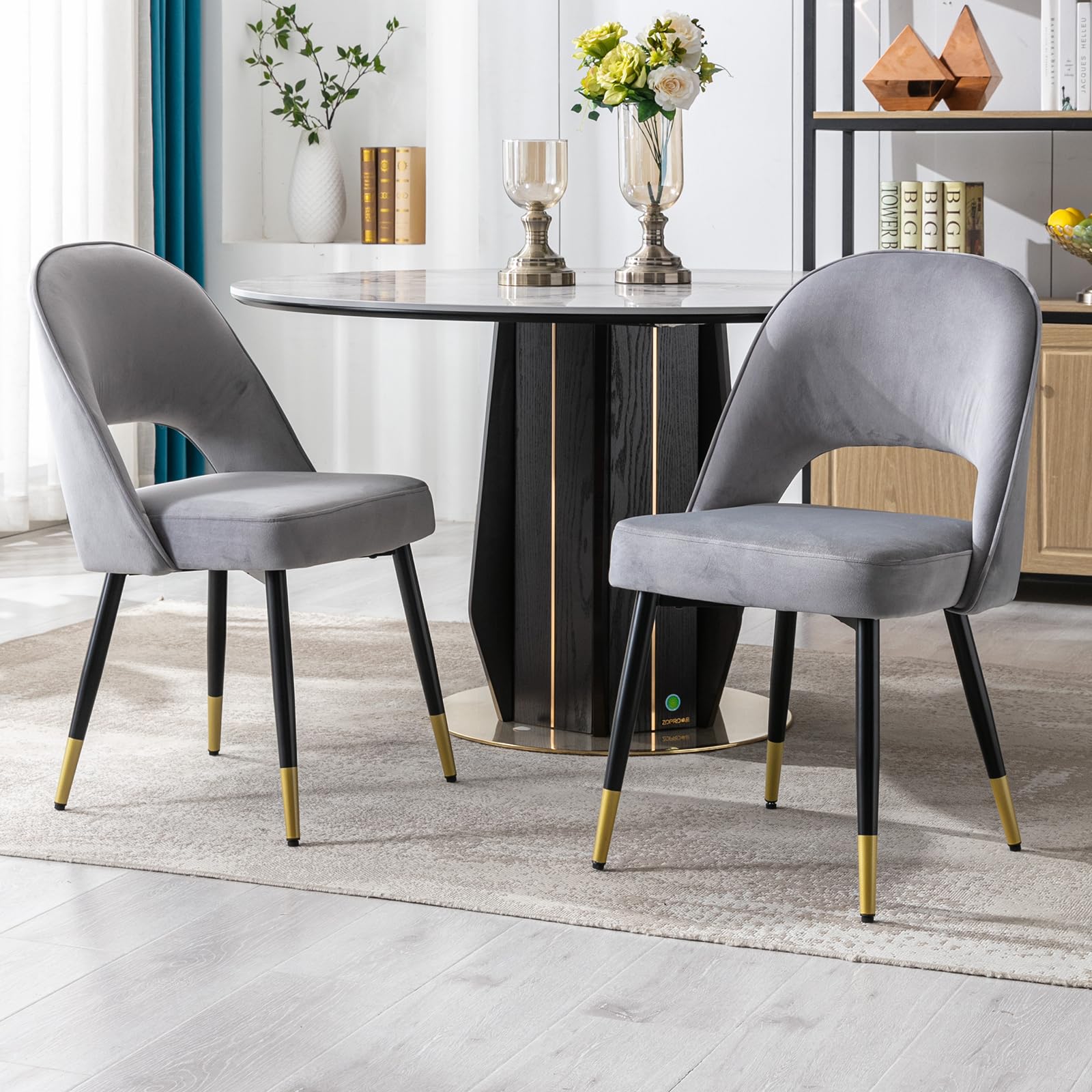 Ya-Home Velvet Dining Chairs with Black Metal Legs Set of 2 Modern Kitchen Side Chairs for Dining Room, Gray