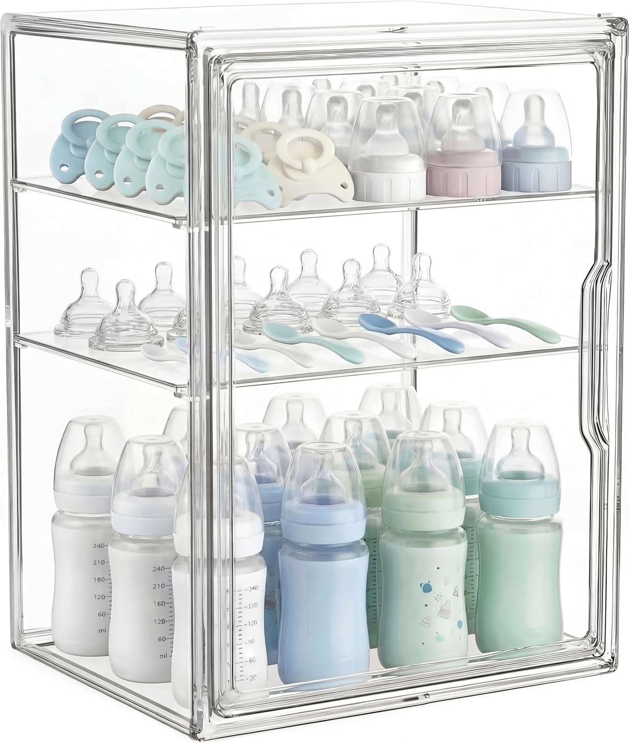 Baby Bottle Organizer, 3-Tier Clear Nursery Storage Bin with 2 Removable Dividers for Bottles, Sippy Cups, Pump Parts, Formula and Feeding Essentials (X-Large)