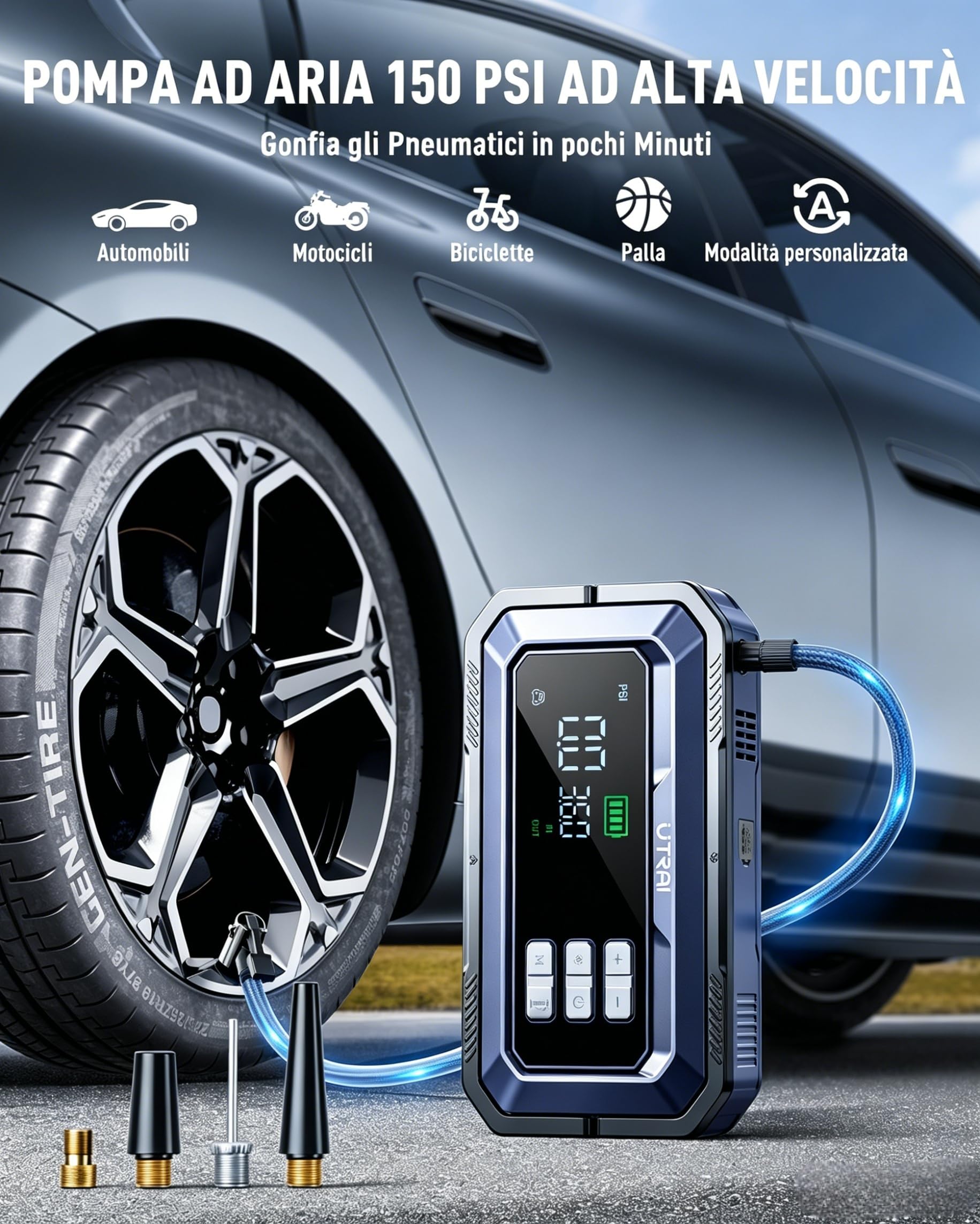 UTRAI 14-IN-1 Avviatore di Emergenza con Compressore, 8000A 150PSI Booster Avviamento Auto, Diagnosi OBD II, DC160W (Tutti Gas/12L Diesel), 12V Starter Batteria Auto con LED Torcia, 18W Power Bank