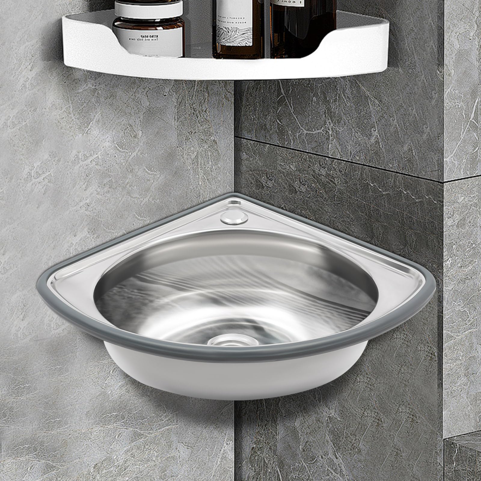 Piccolo lavabo da parete per bagno, lavabo angolare triangolare, mini lavandino ad angolo in acciaio inox per camper e piccoli spazi, 17 x 14,5 pollici, lavabo triangolare argentato con e
