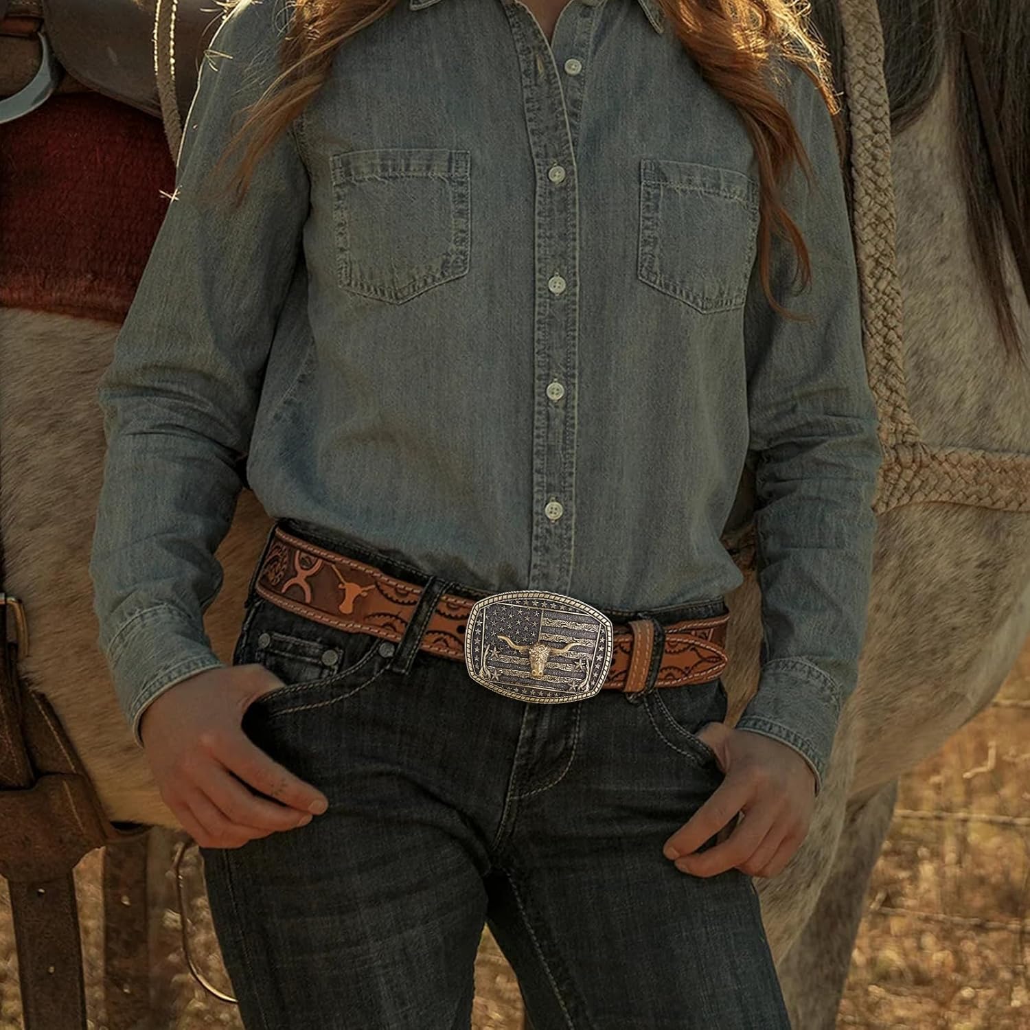 HUABOLA CALYN Western Cowboy Cowgirl Belt Buckle, Long Horn Bull Western Belt Buckle for Men Women - Image 5
