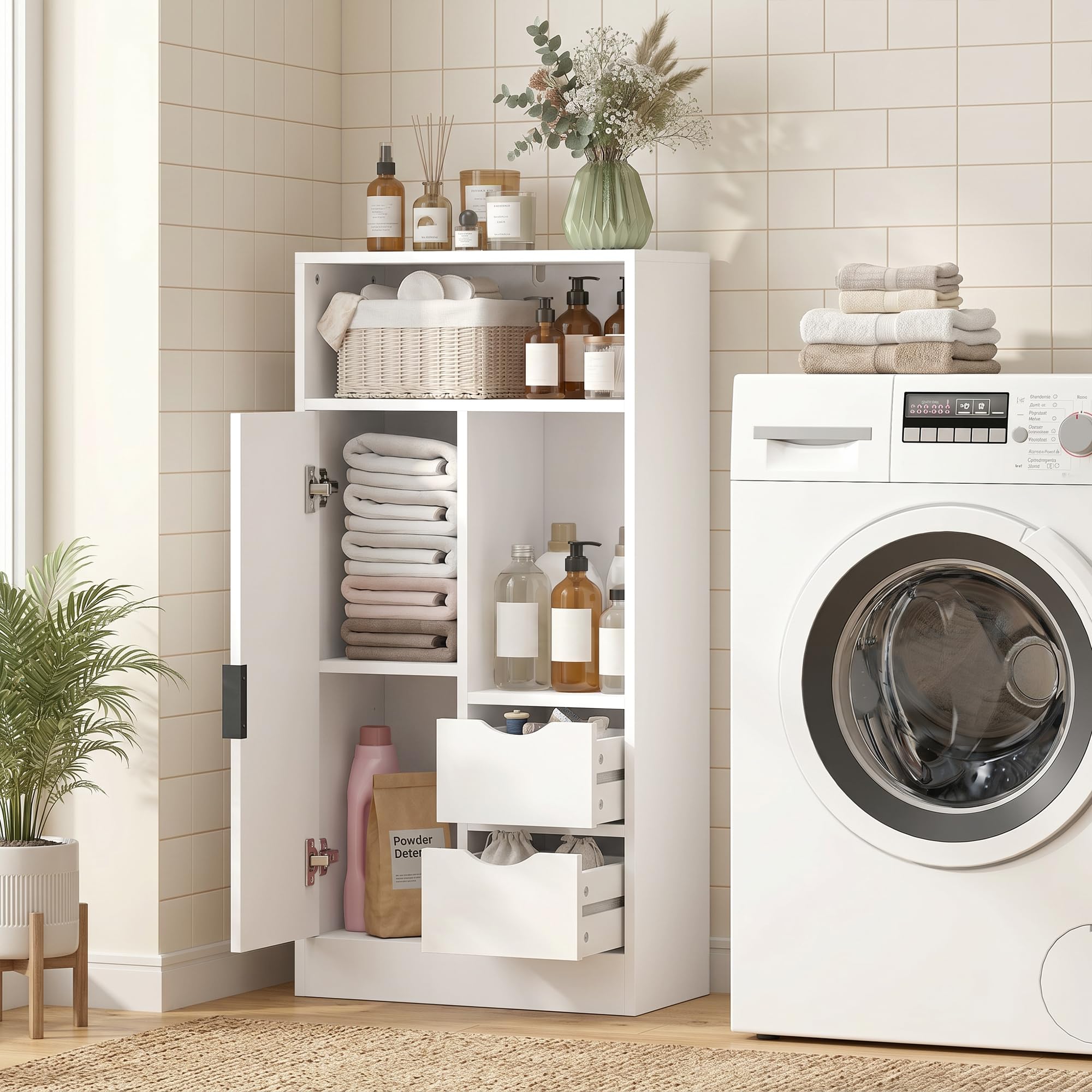 HOMCOM Mobiletto Bagno Salvaspazio Slim 50x25x100 cm Bianco | Mobile Bagno con 2 Cassetti, Ripiani Regolabili a 3 Livelli e Armadietto, Stile Nordico