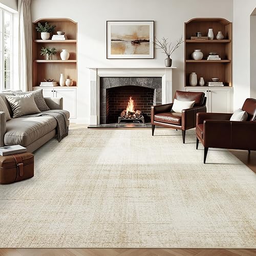 Joydeco 8x10 Area Rugs for Living Room, Non Slip Machine Washable Vintage Rug, Low Pile Chenille Print Rugs for Bedroom, Dining Room, Home Office,Pet & Child Friendly, Beige