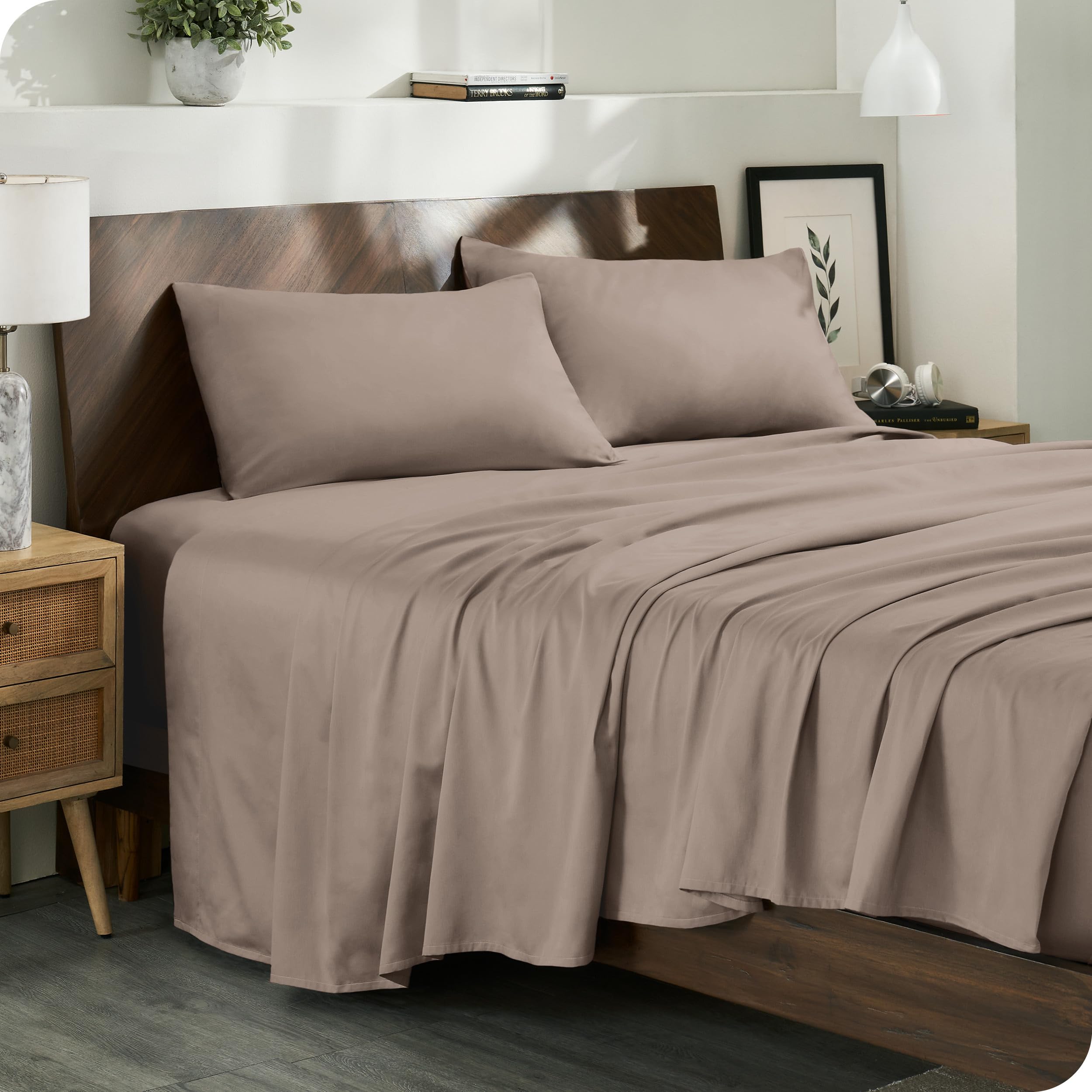 Bare Home 100% Organic Cotton Twin Sheet Set - Smooth Sateen Weave - Breathable & Cooling - Hotel Luxury Set - Deep Pocket Bed Sheets (Twin XL, Taupe)