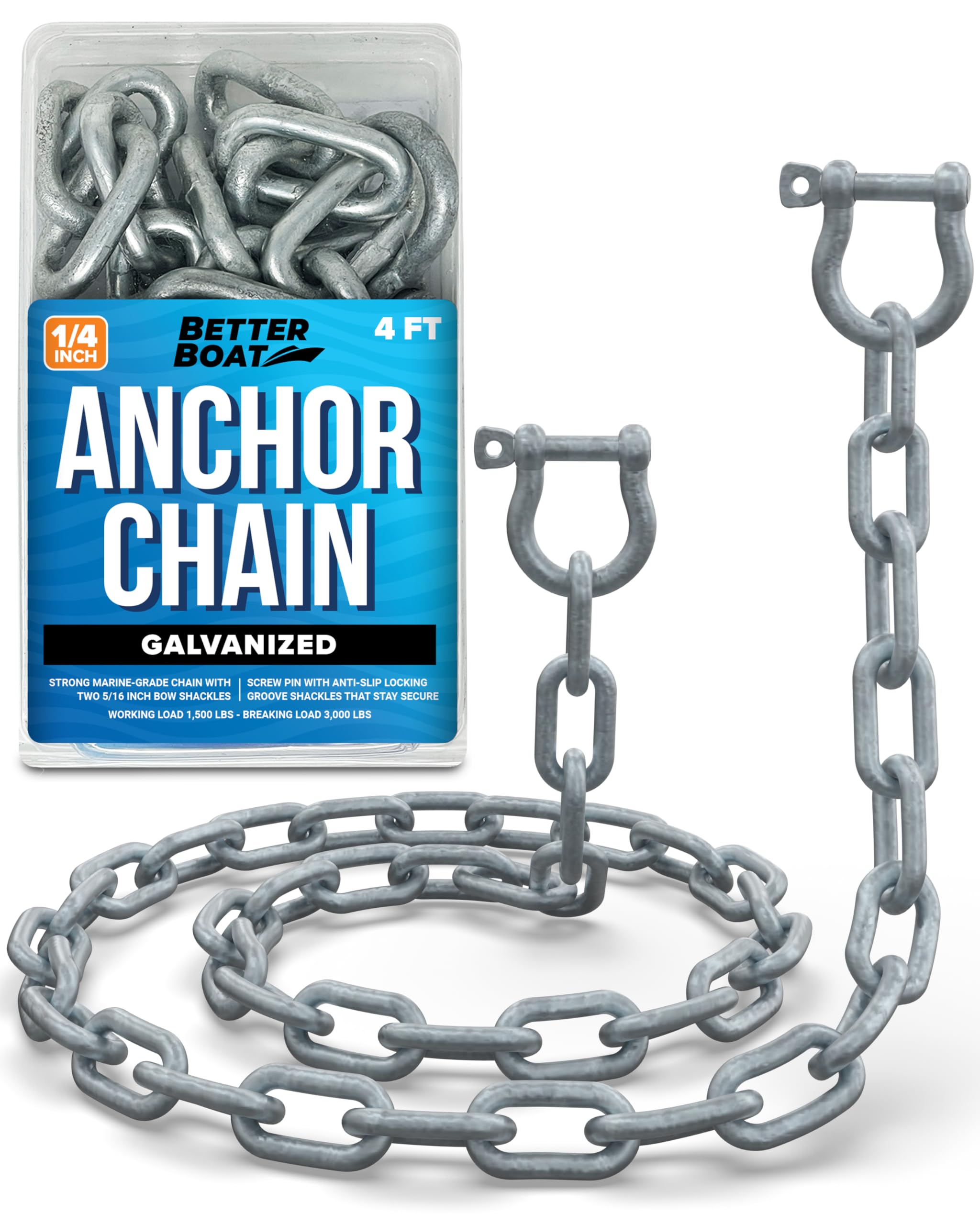 Galvanized Anchor Chain, Marine Grade, 1/4" Chain with 2 Anchor Shackles, Link Ends, 4 Ft, for Boats