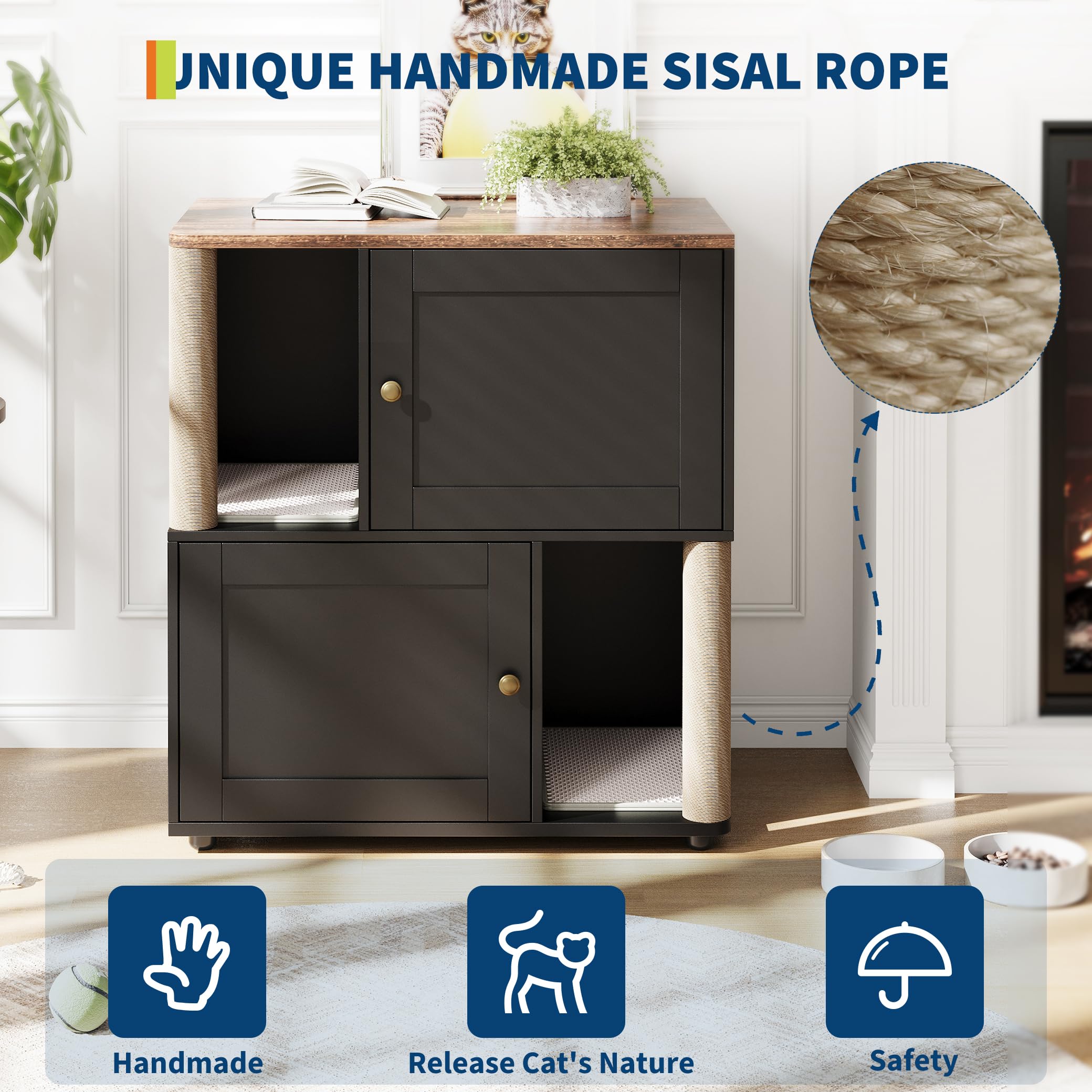 Garvee Armoire d’Angle Double pour litière de Chats – Meuble fermé à 2 Niveaux avec Tapis antidérapants et griffoir – Rangements hygiéniques pour Chats – Bois Noir Basique – Modèle Noir Basique