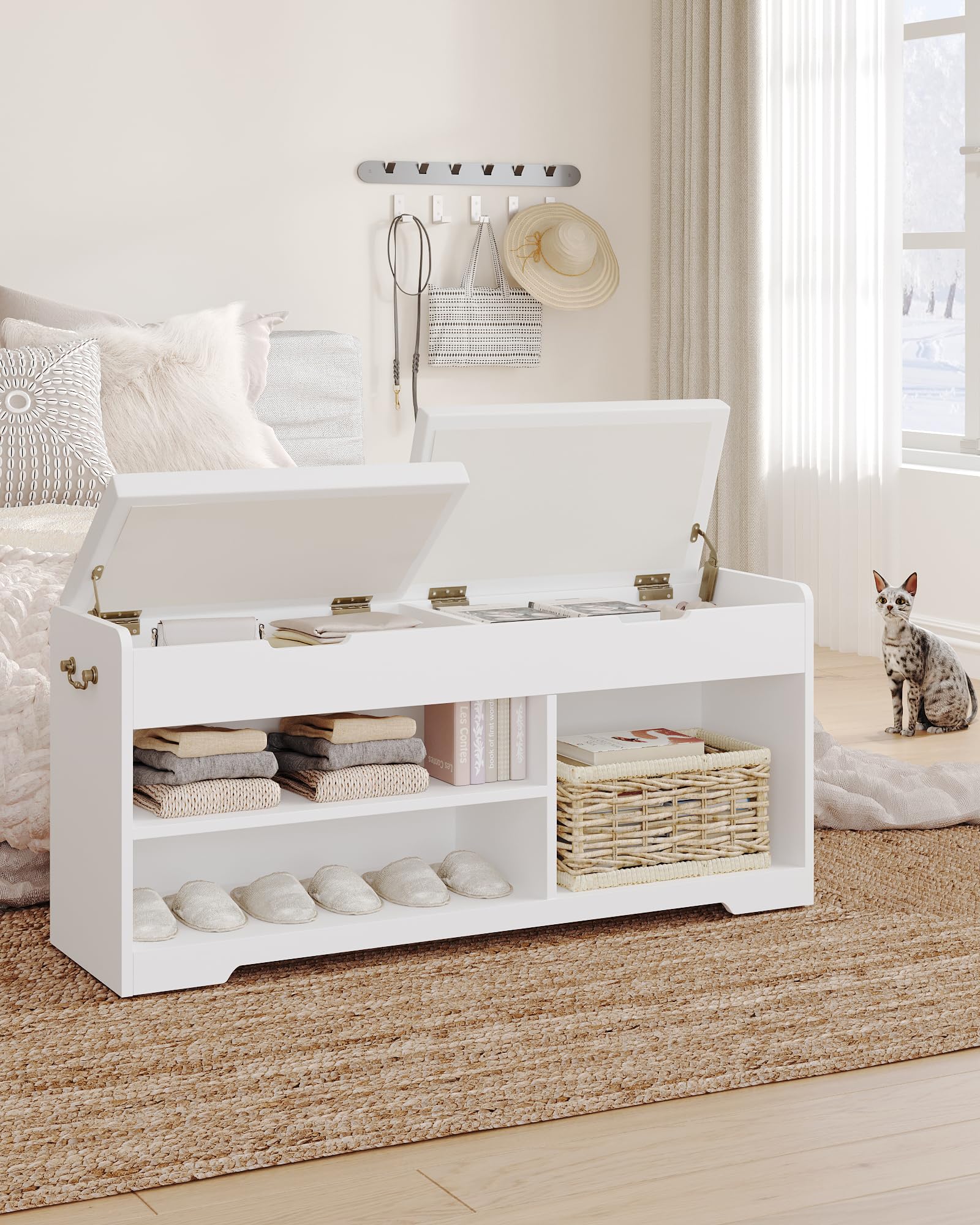 Hzuaneri Schuhbank, Schuhregal mit 2 gepolsterten Regalbänken, multifunktional, für Wohnzimmer, Flur, Schlafzimmer, 150 kg, 30 x 105 x 48 cm, weiß SB11403X